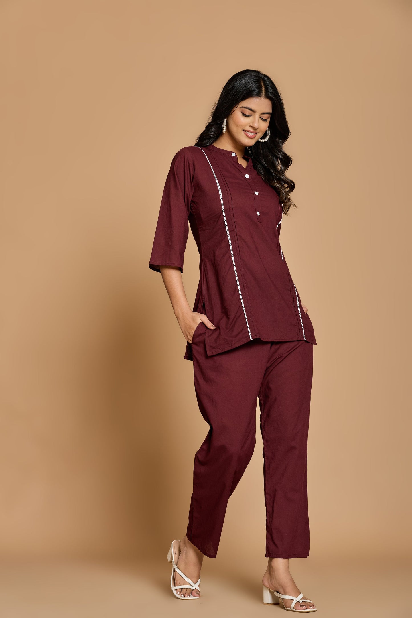 Maroon Solid Cotton Co-ord Set
