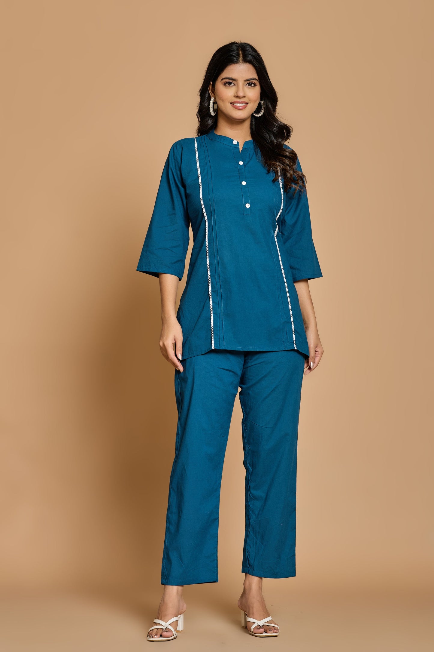 Teal Blue Solid Cotton Co-ord Set