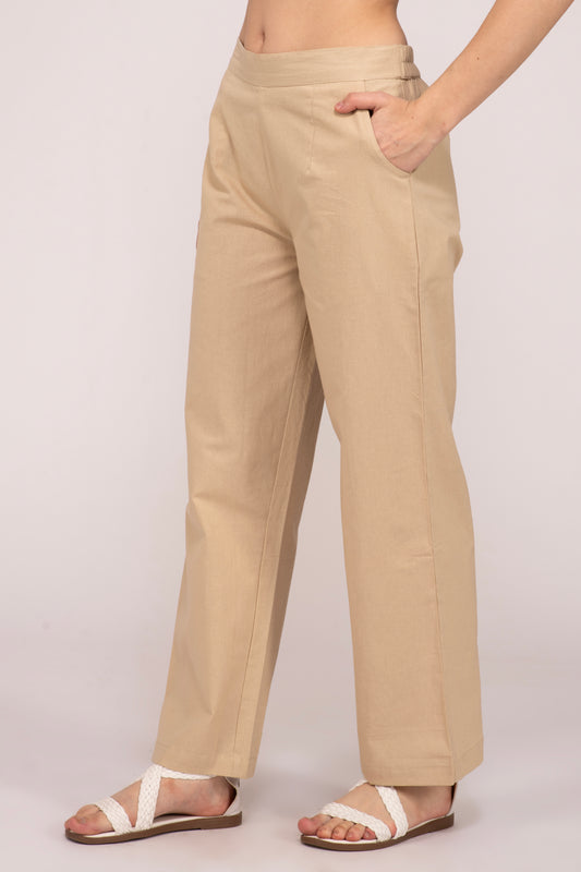 Beige Wide Leg Cotton Pant