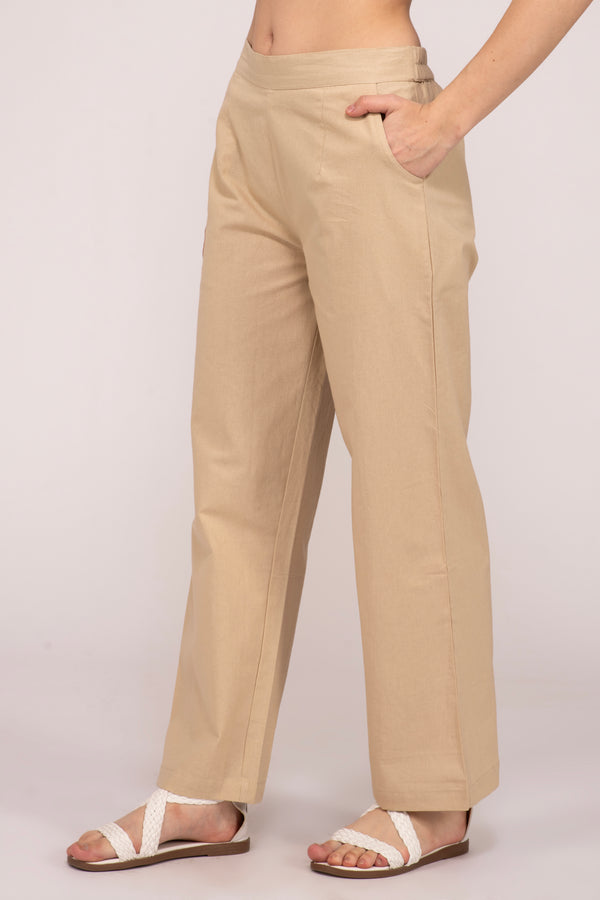 Beige Wide Leg Cotton Pant
