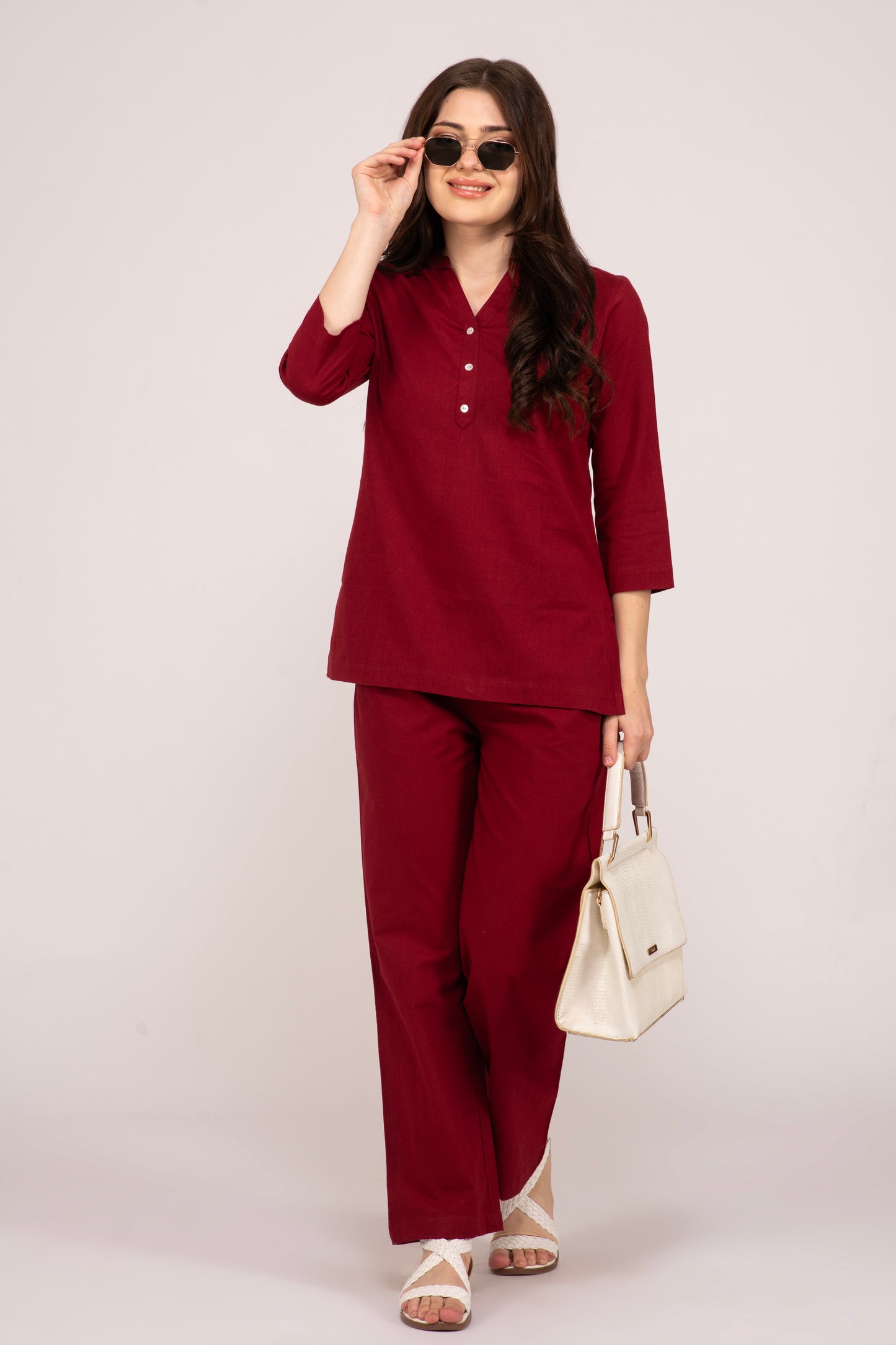 maroon wide leg cotton pant for women