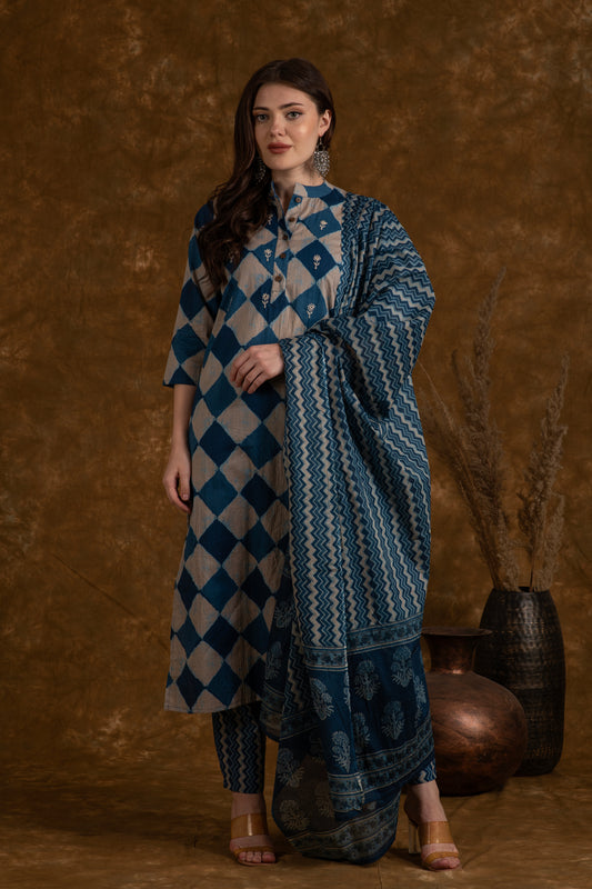 Indigo Pattern Cotton Suit Set