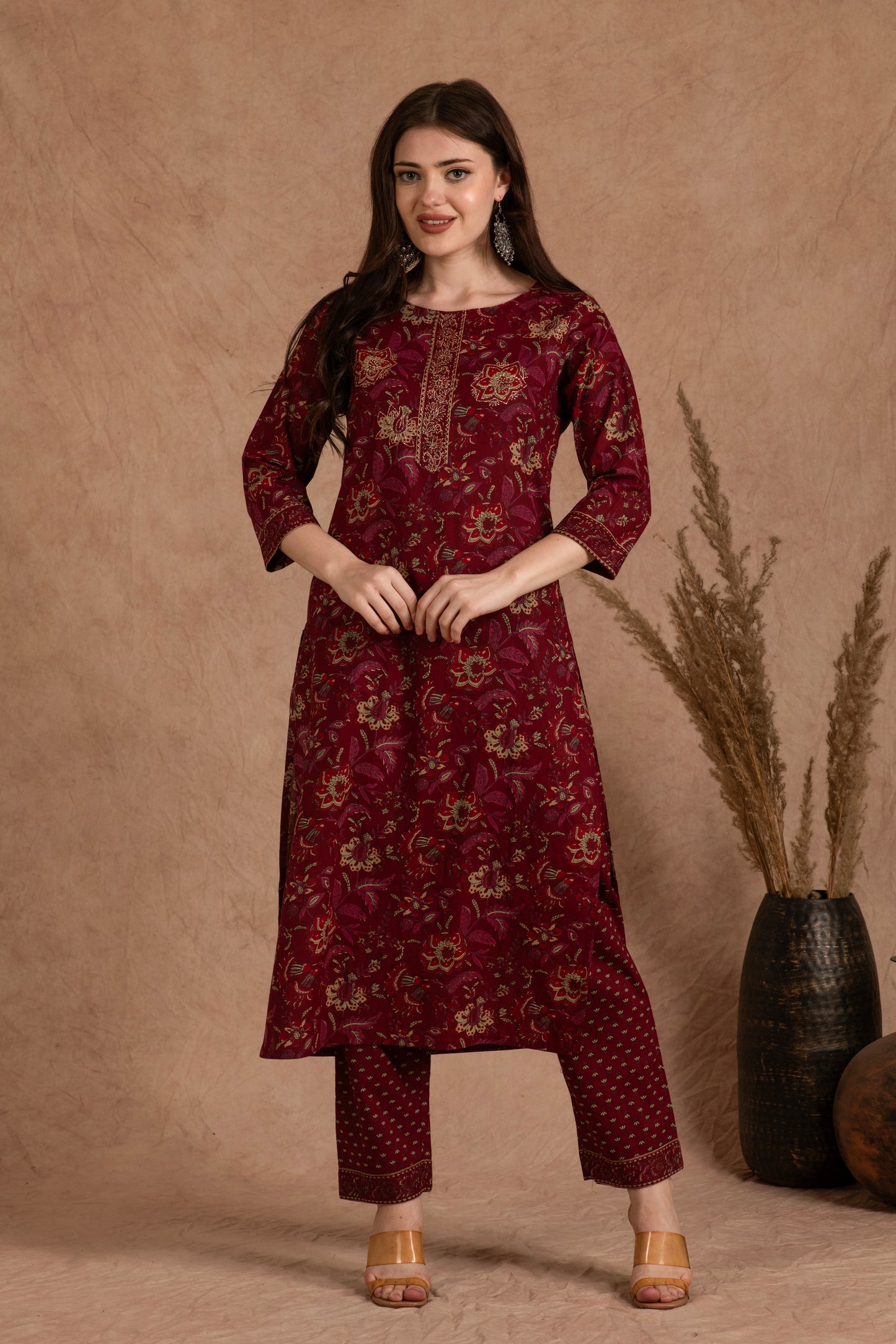 Maroon Floral Cotton Suit Set