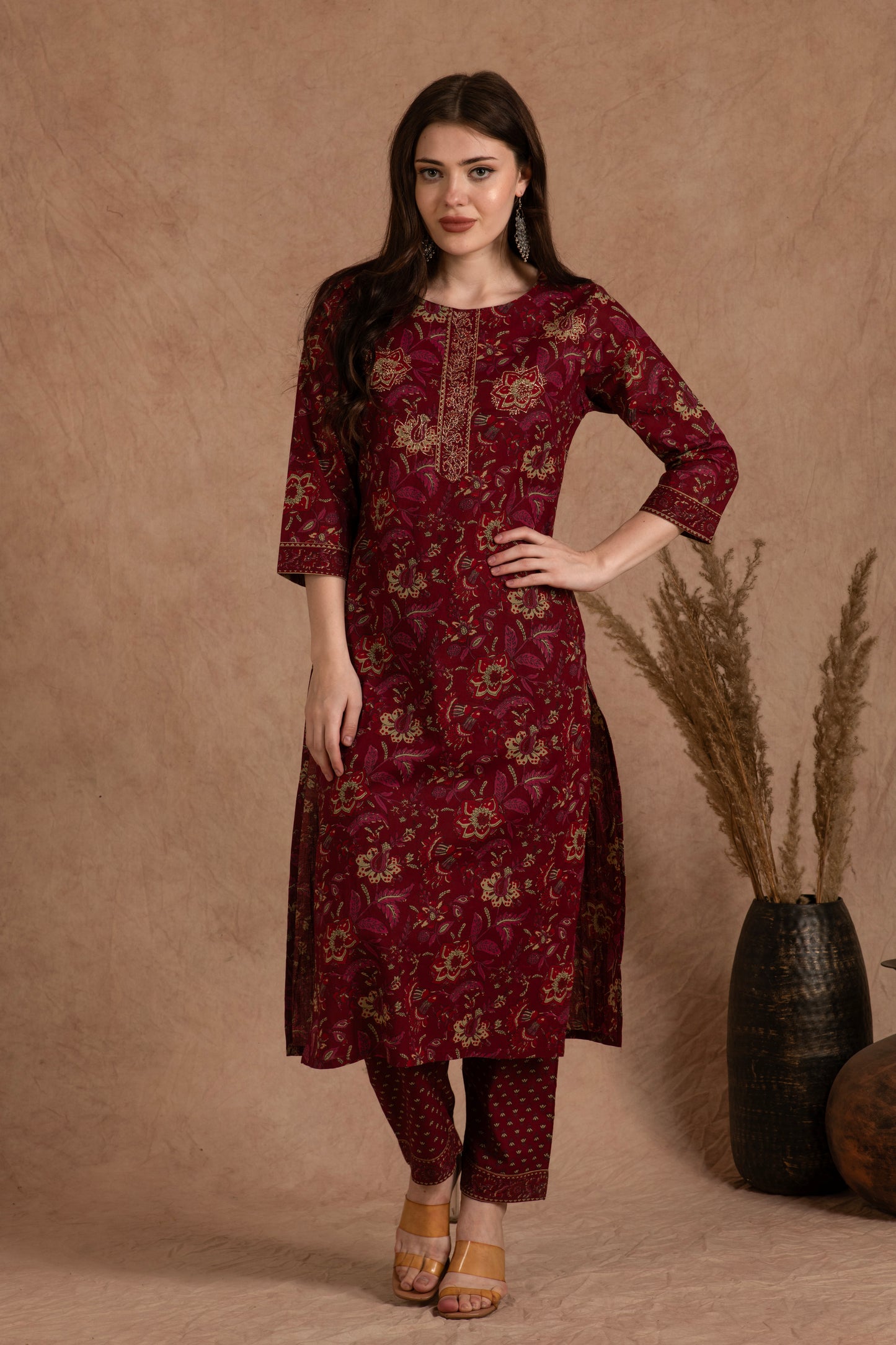 Maroon Floral Cotton Suit Set