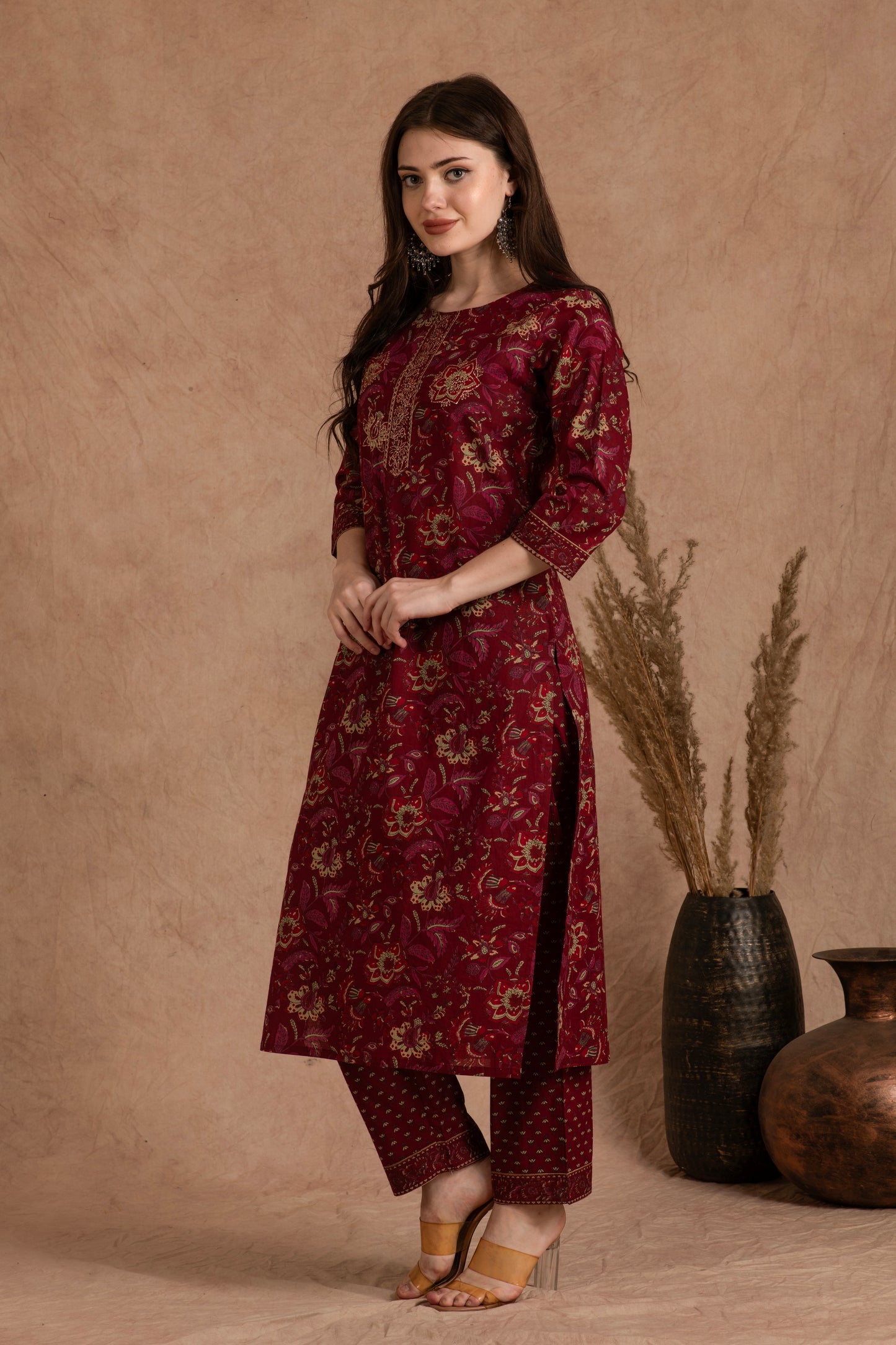 Maroon Floral Cotton Suit Set