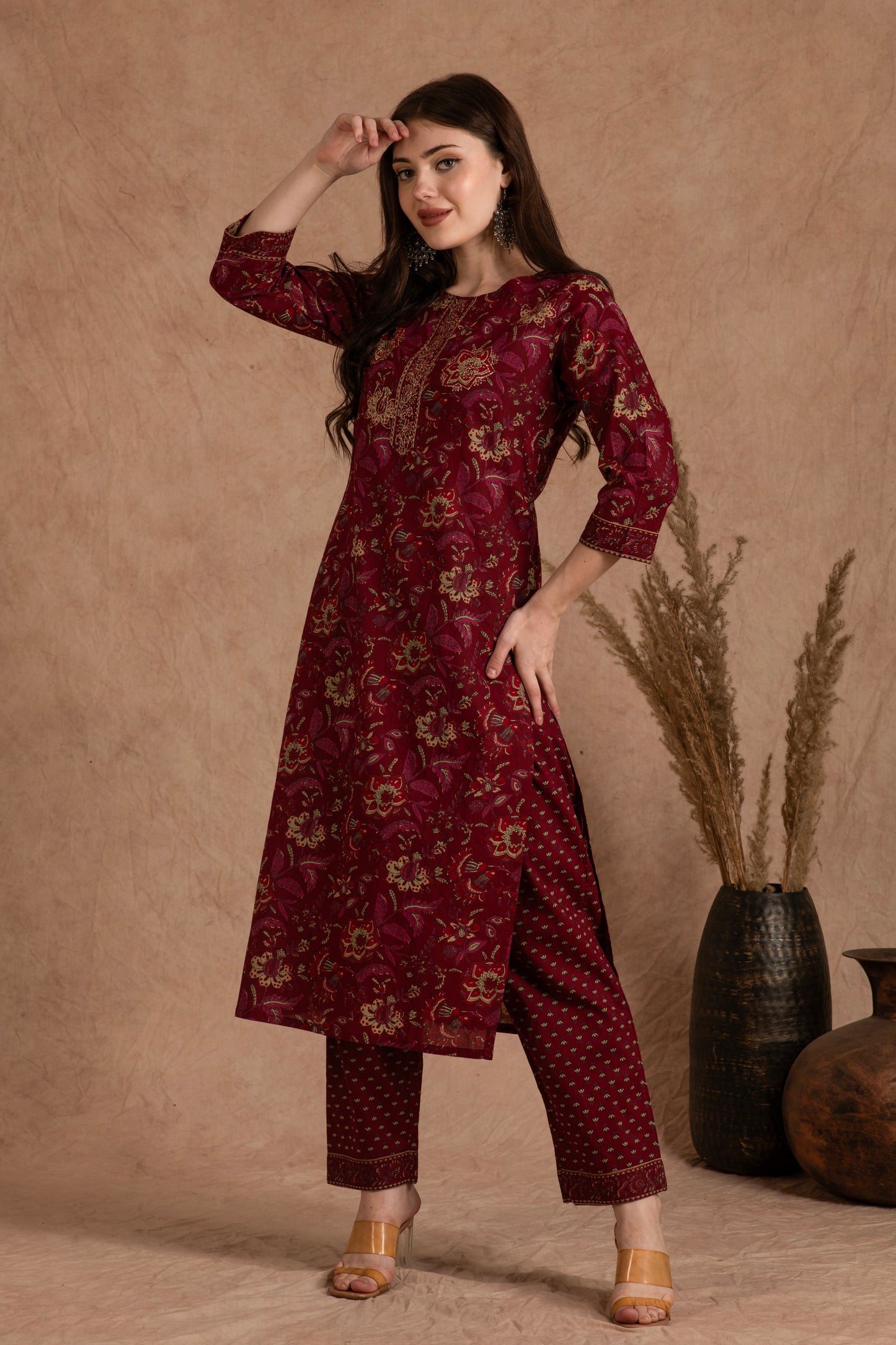 Maroon Floral Cotton Suit Set