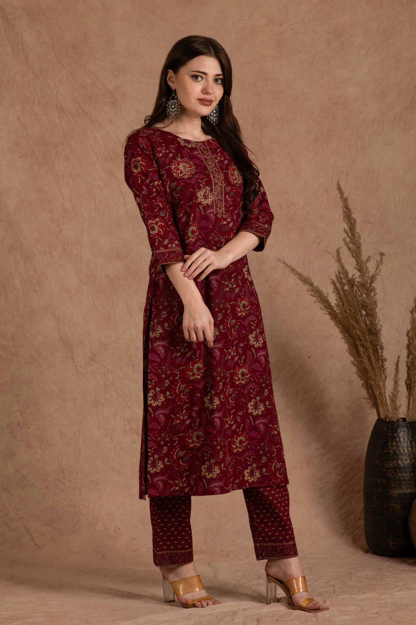 Maroon Floral Cotton Suit Set