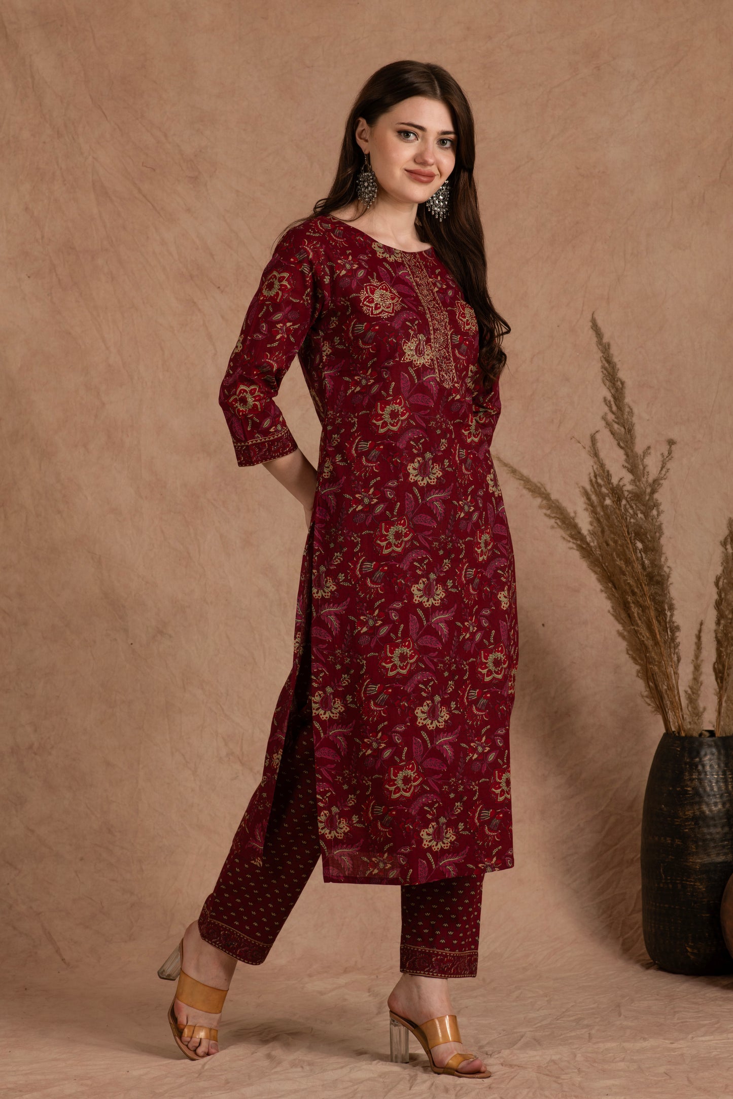 Maroon Floral Cotton Suit Set