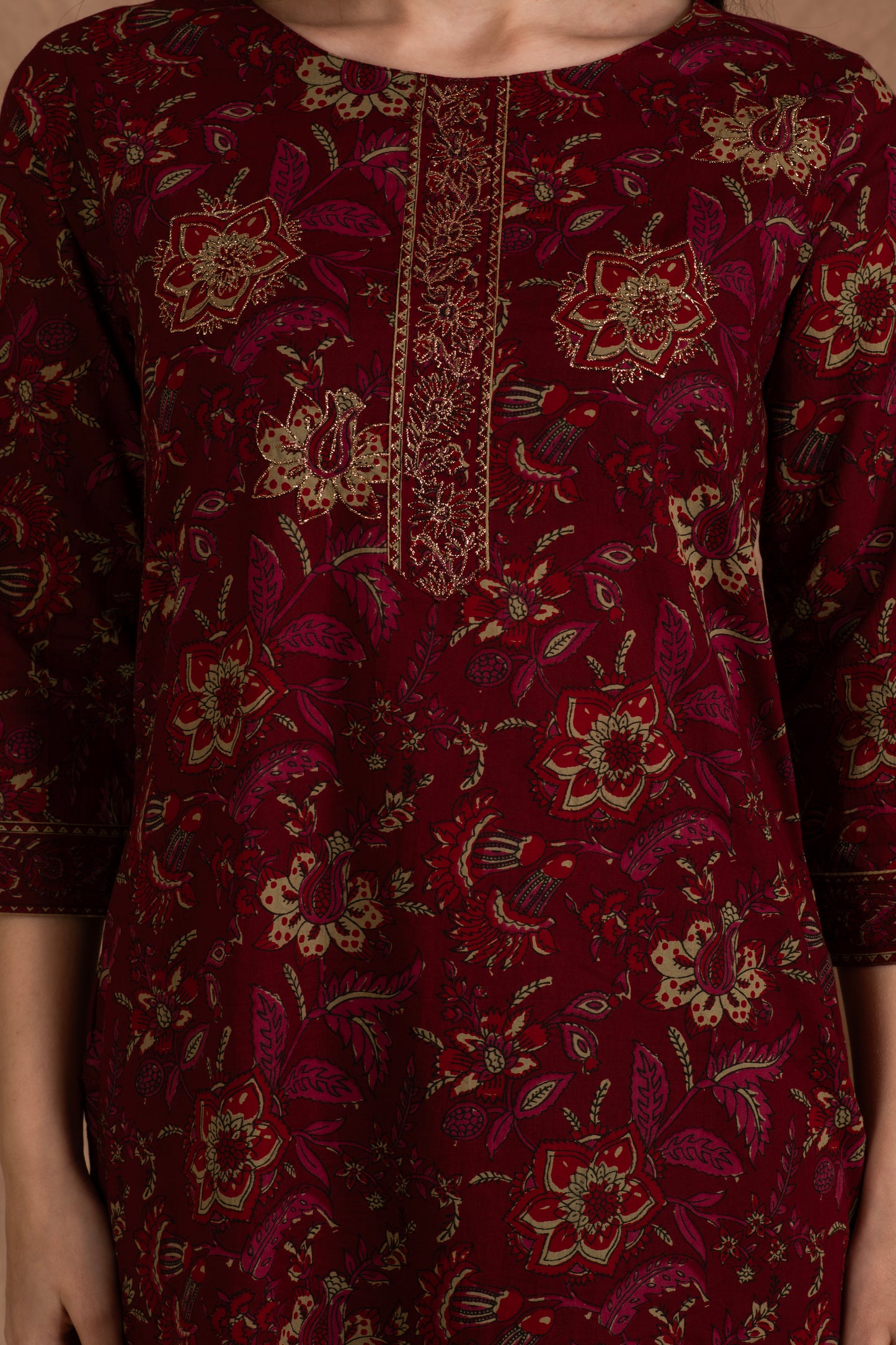 Maroon Floral Cotton Suit Set