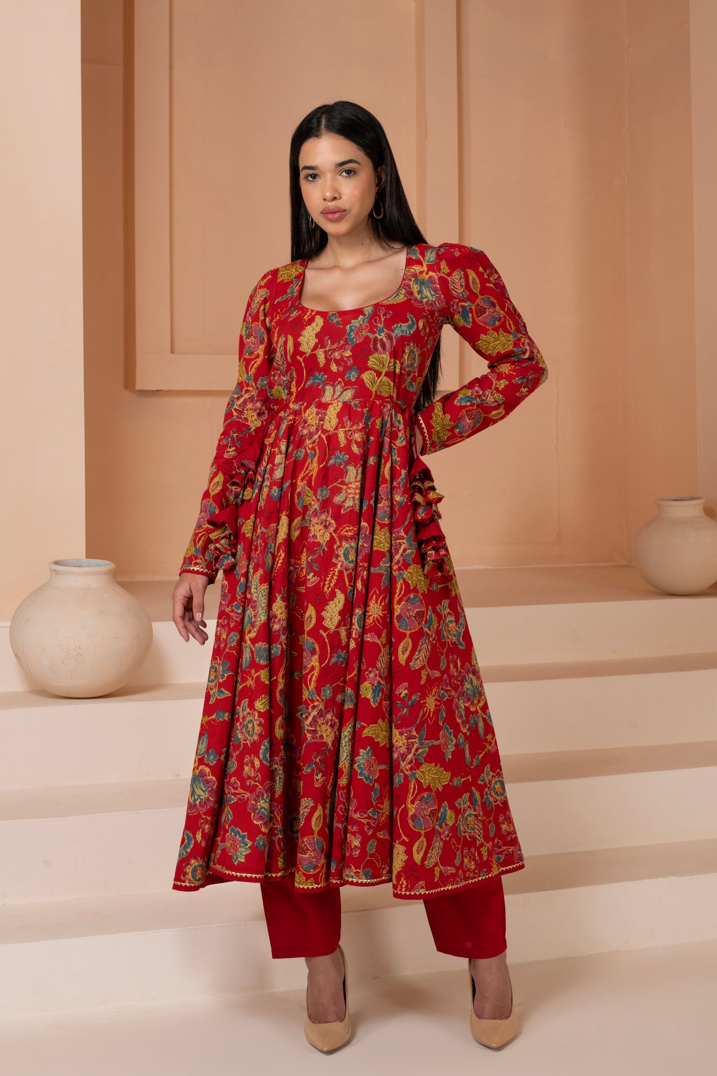 Red Floral Anarkali Cotton Suit Set