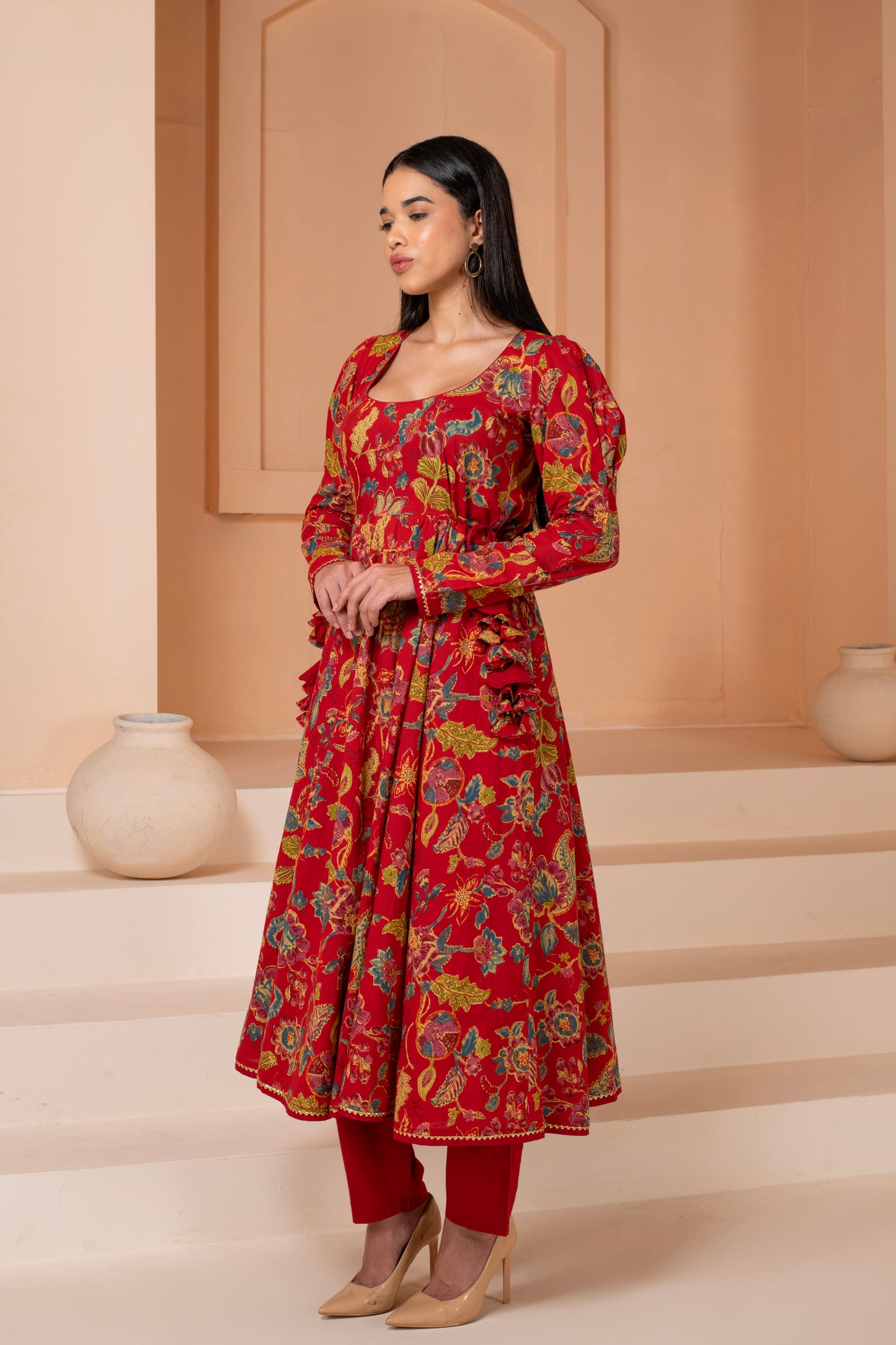 Red Floral Anarkali Cotton Suit Set