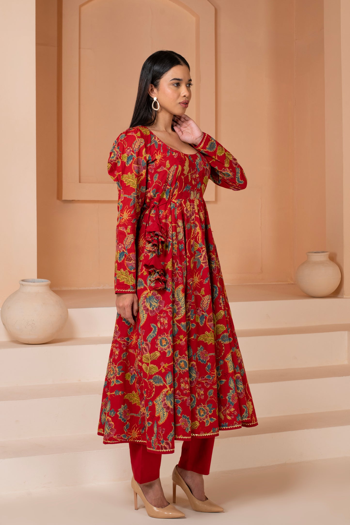 Red Floral Anarkali Cotton Suit Set