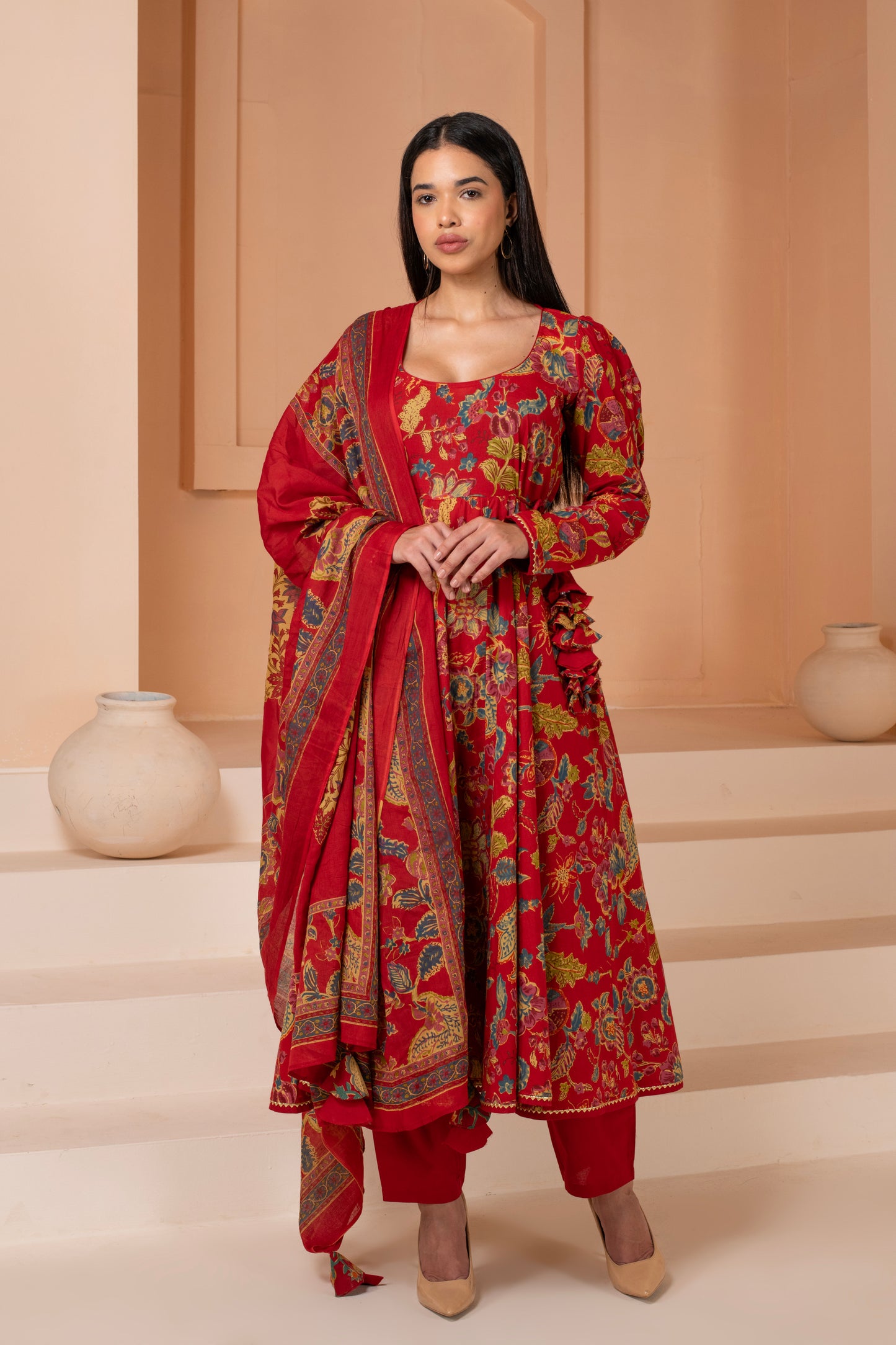 Red Floral Anarkali Cotton Suit Set