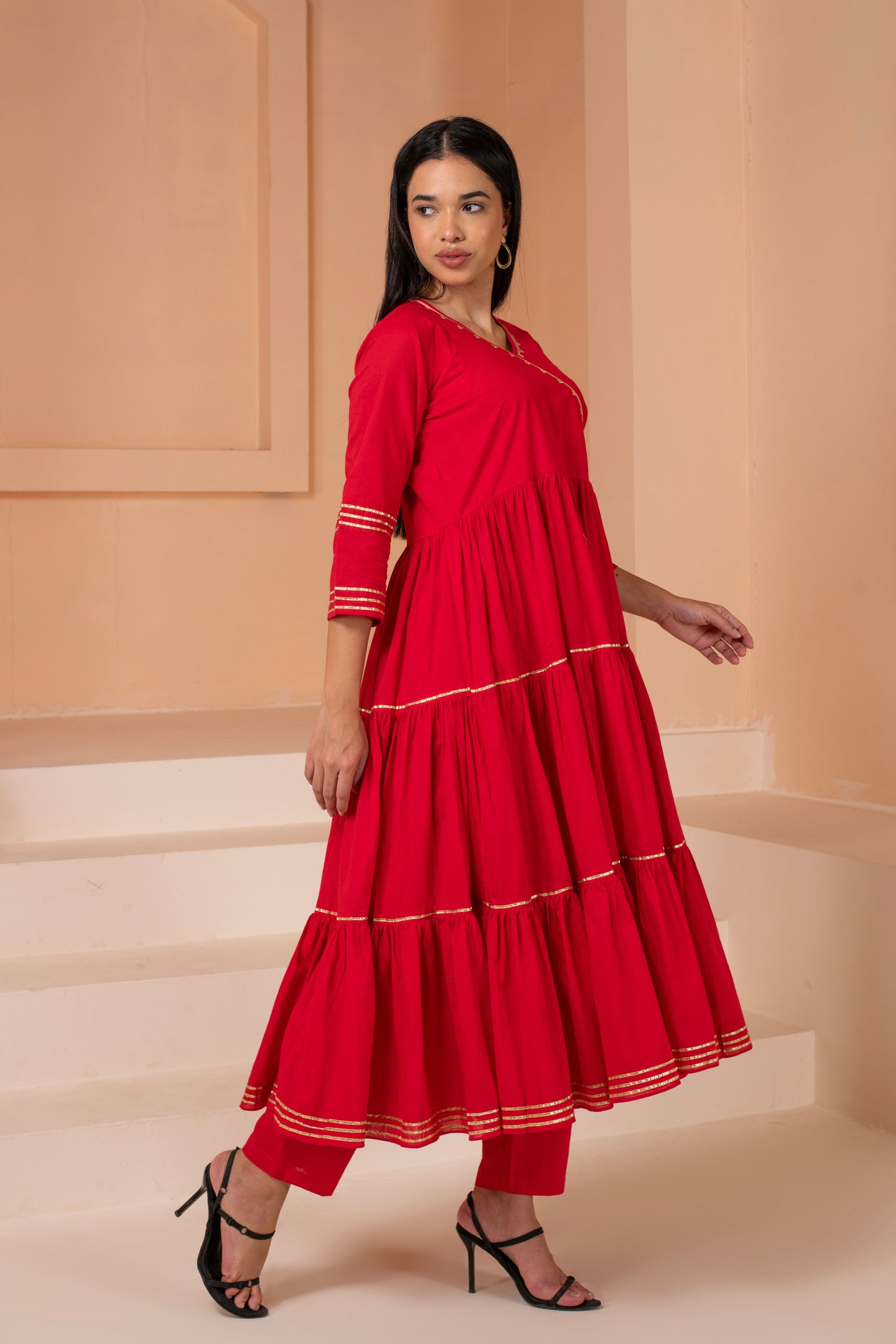 Anarkali Red Elegance Cotton Suit Set