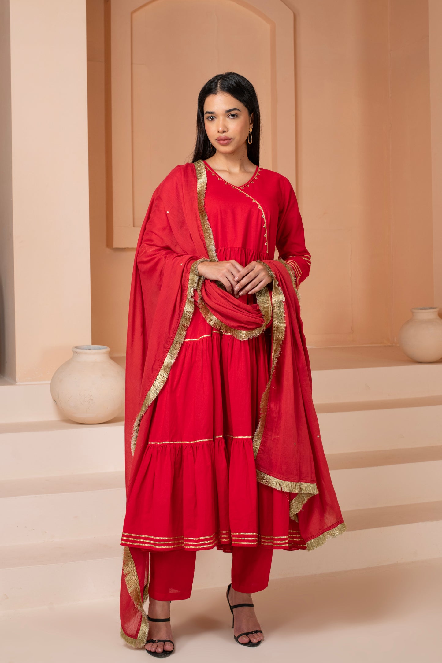 Anarkali Red Elegance Cotton Suit Set