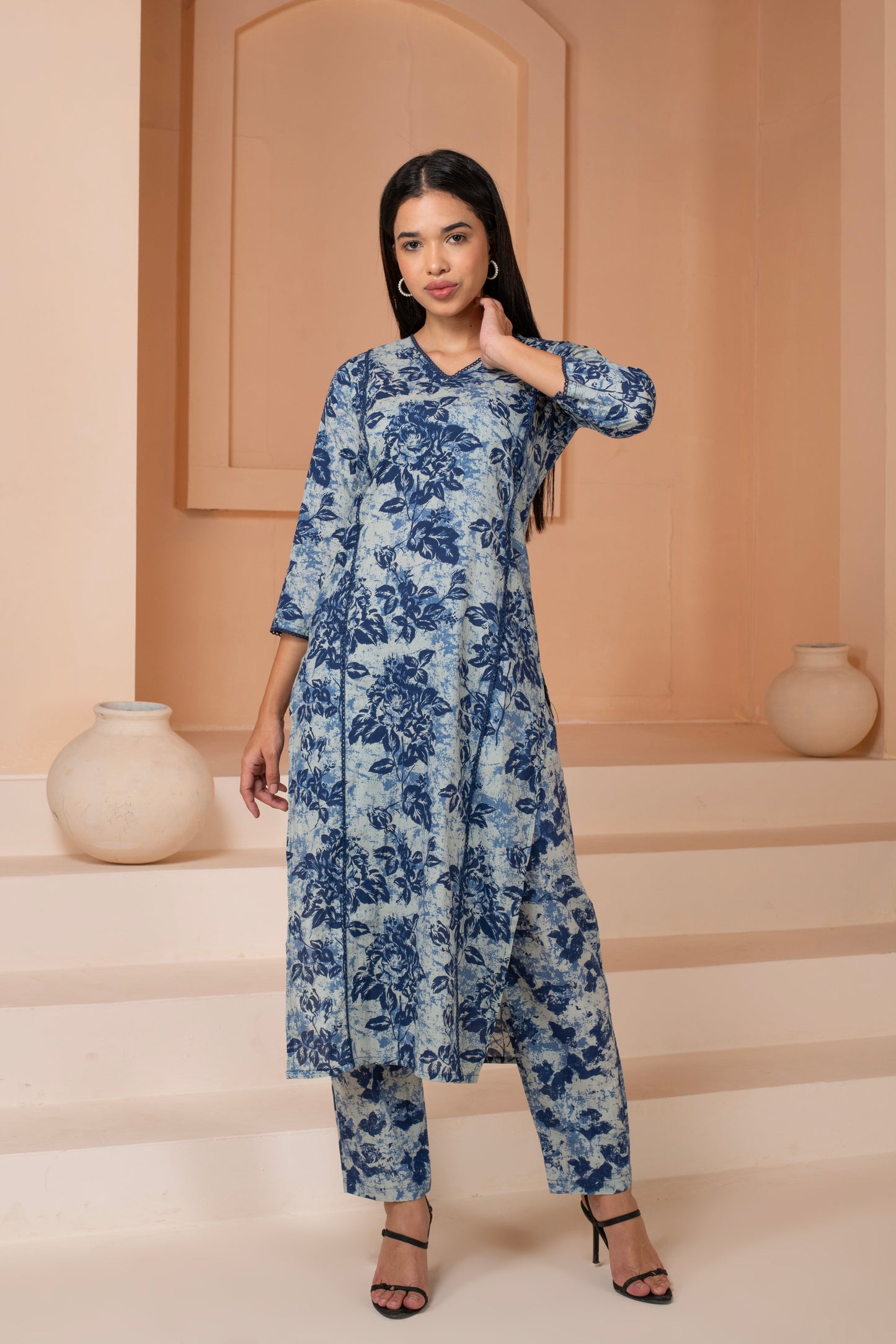 Floral Indigo Cotton Suit Set