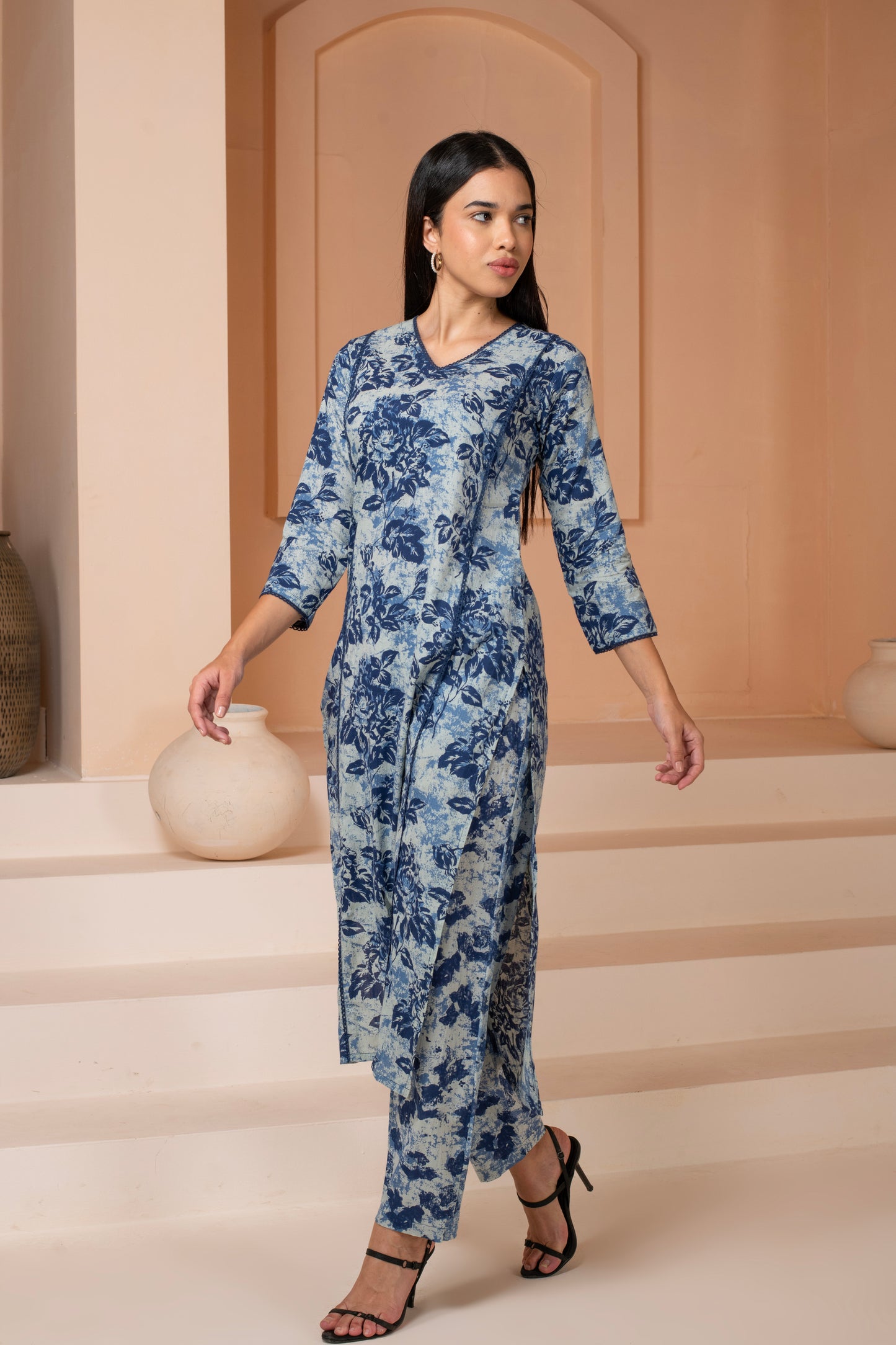 Floral Indigo Cotton Suit Set