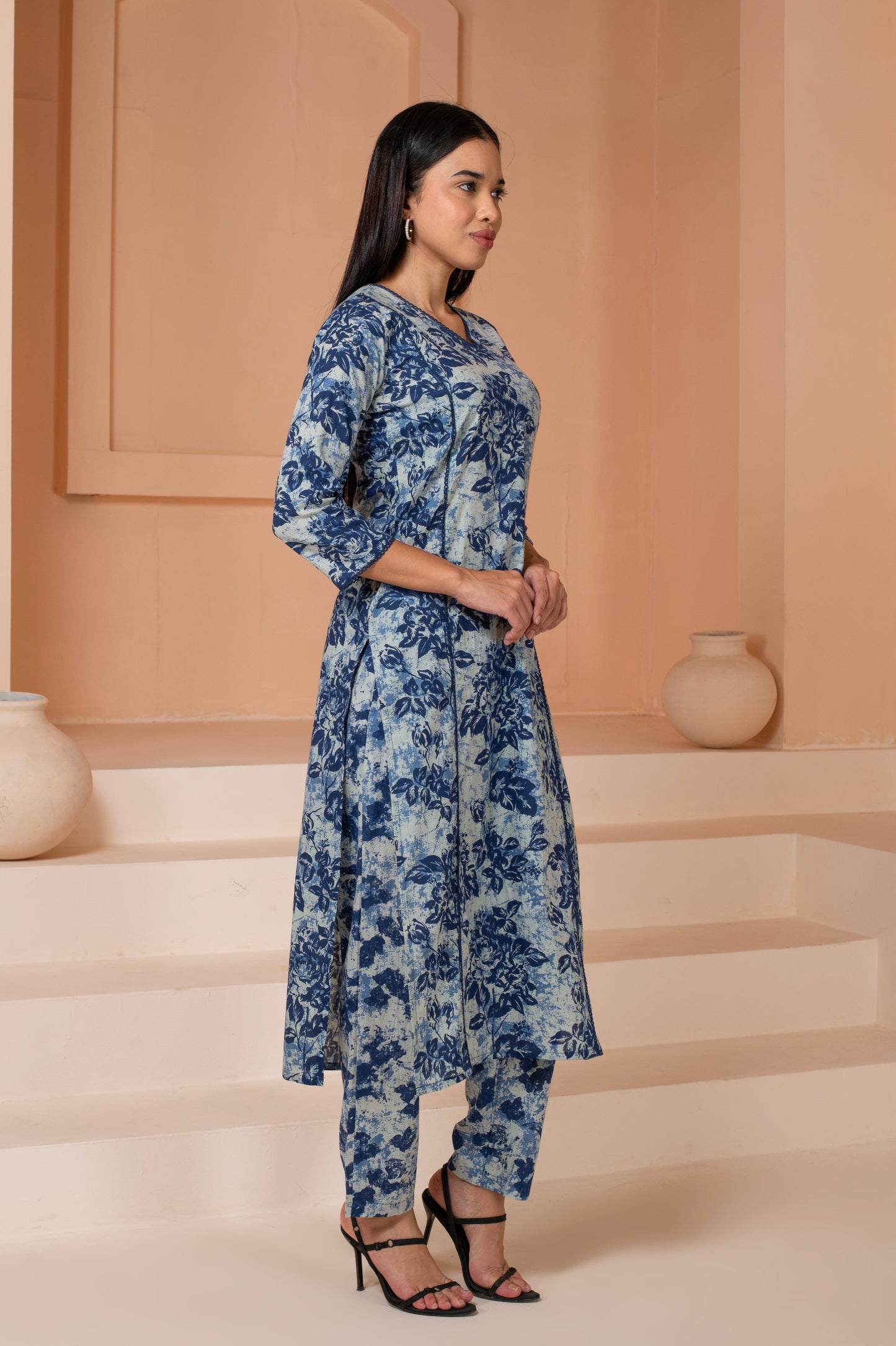 Floral Indigo Cotton Suit Set