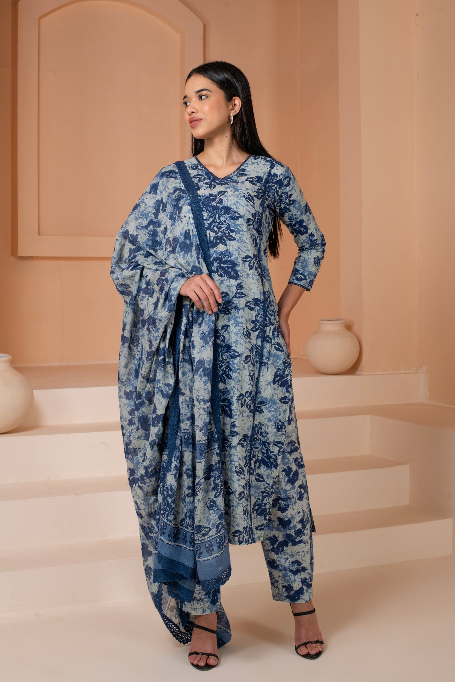 Floral Indigo Cotton Suit Set