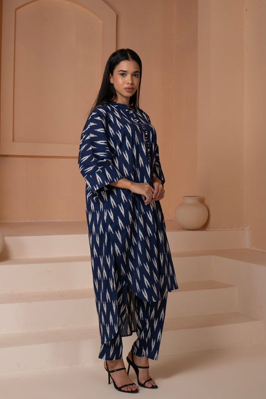 Blue Ikkat Cotton Kurta Pant Set