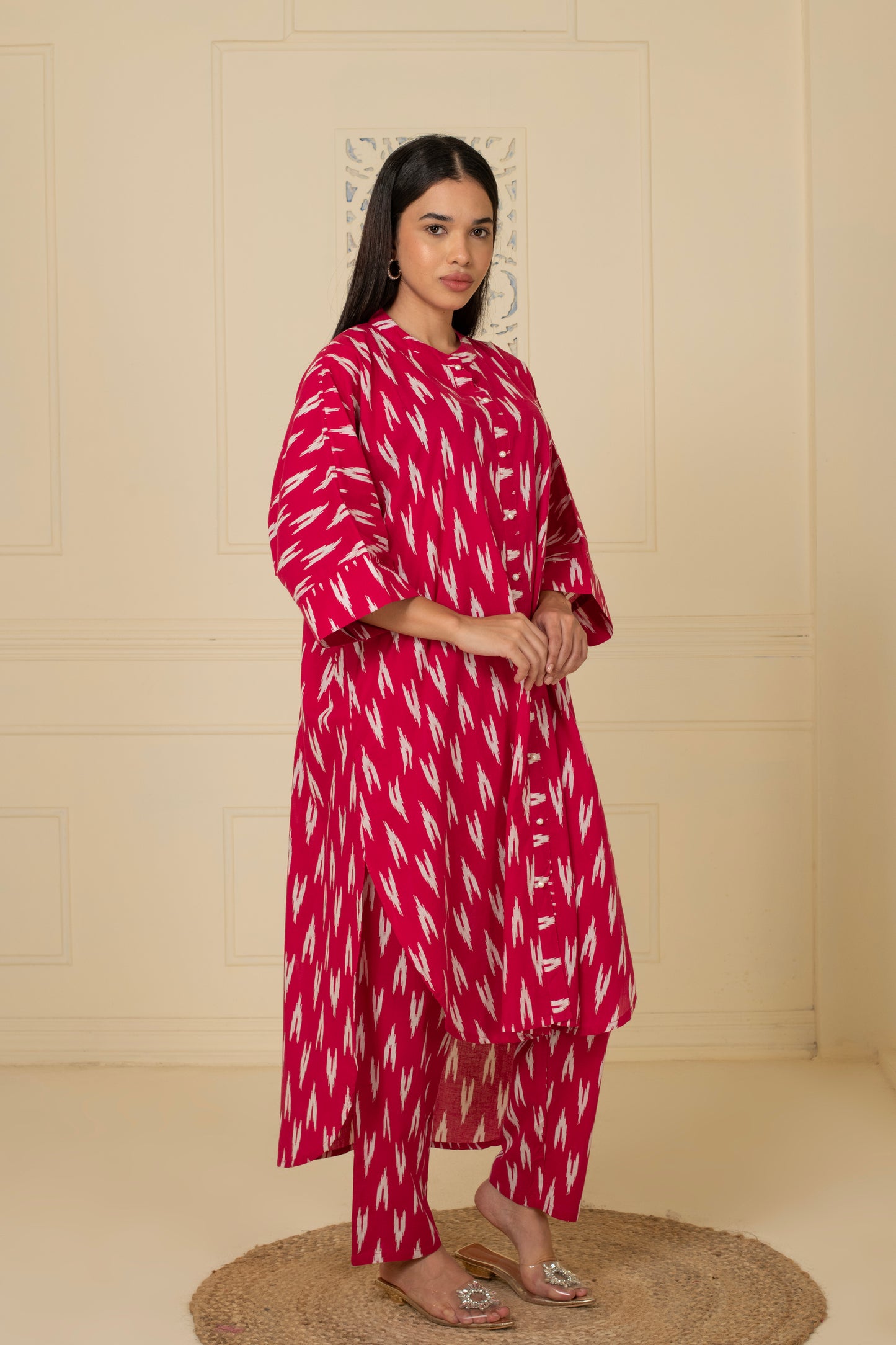 Pink Ikkat Cotton Kurta Pant Set