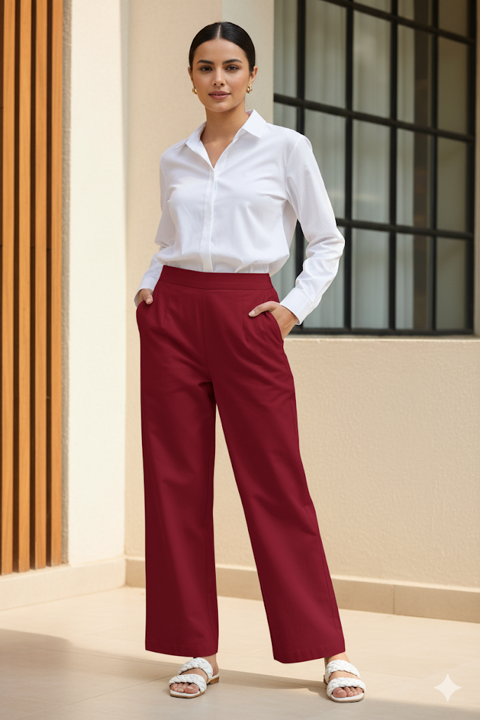 Maroon Wide Leg Cotton Pant