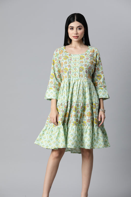 Light Green Floral Printed Flare Dress