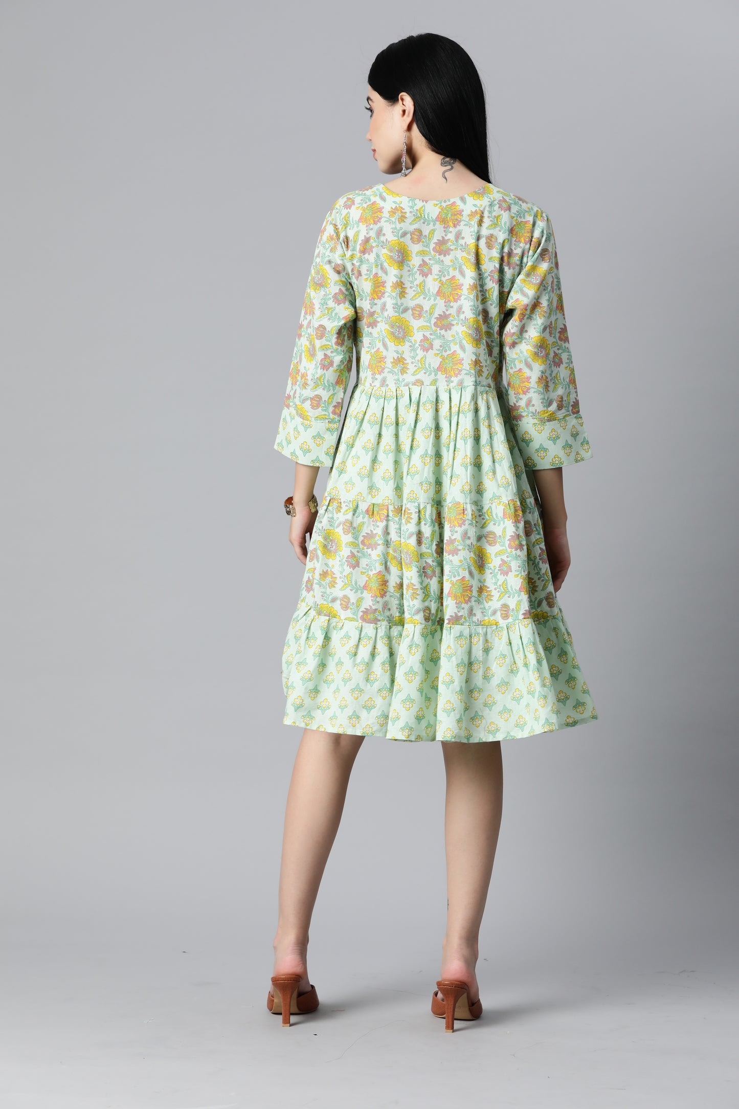 Light Green Floral Printed Flare Dress