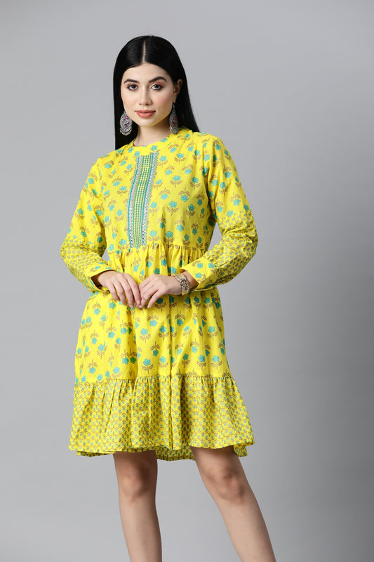 Yellow Printed Flare Dress