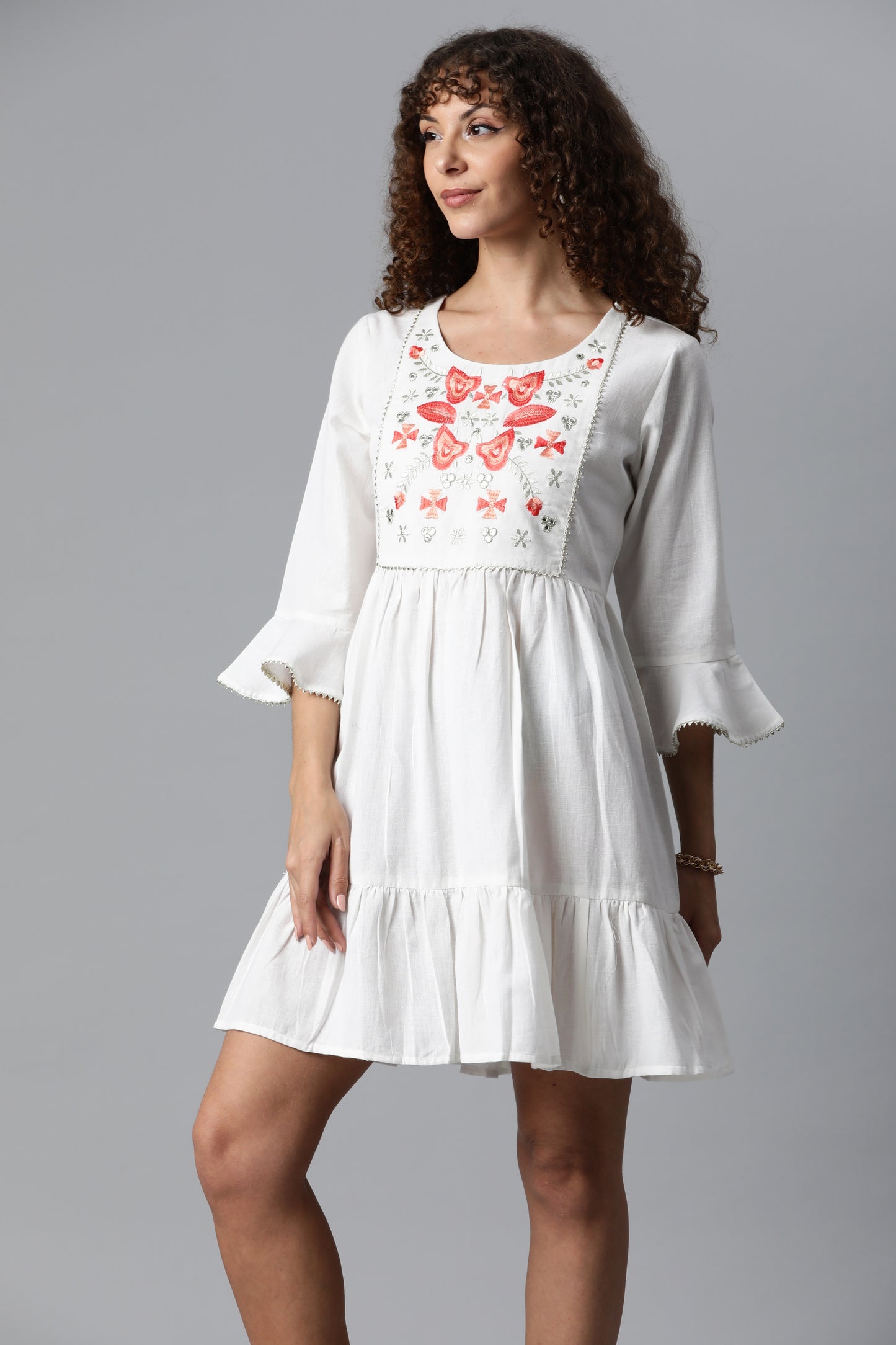 White Flare Dress With Neck Work