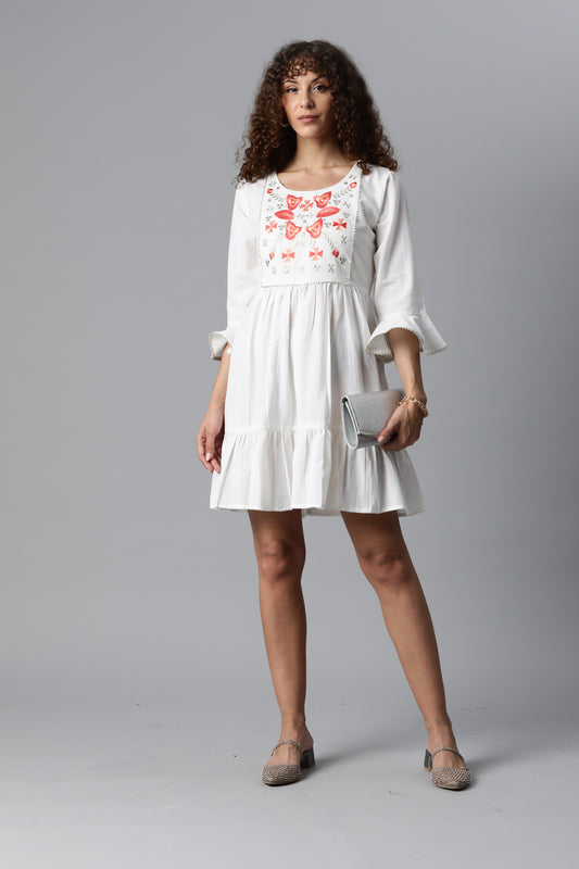 White Flare Dress With Neck Work