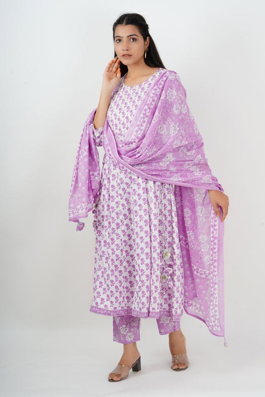 White and Lavender Cotton Anarkali Suit set with Dupatta