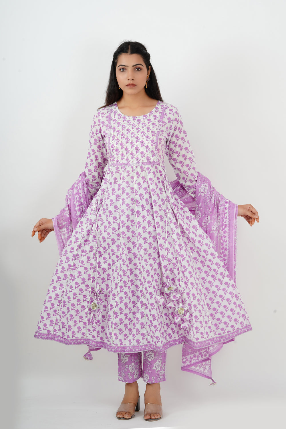 White and Lavender Cotton Anarkali Suit set with Dupatta