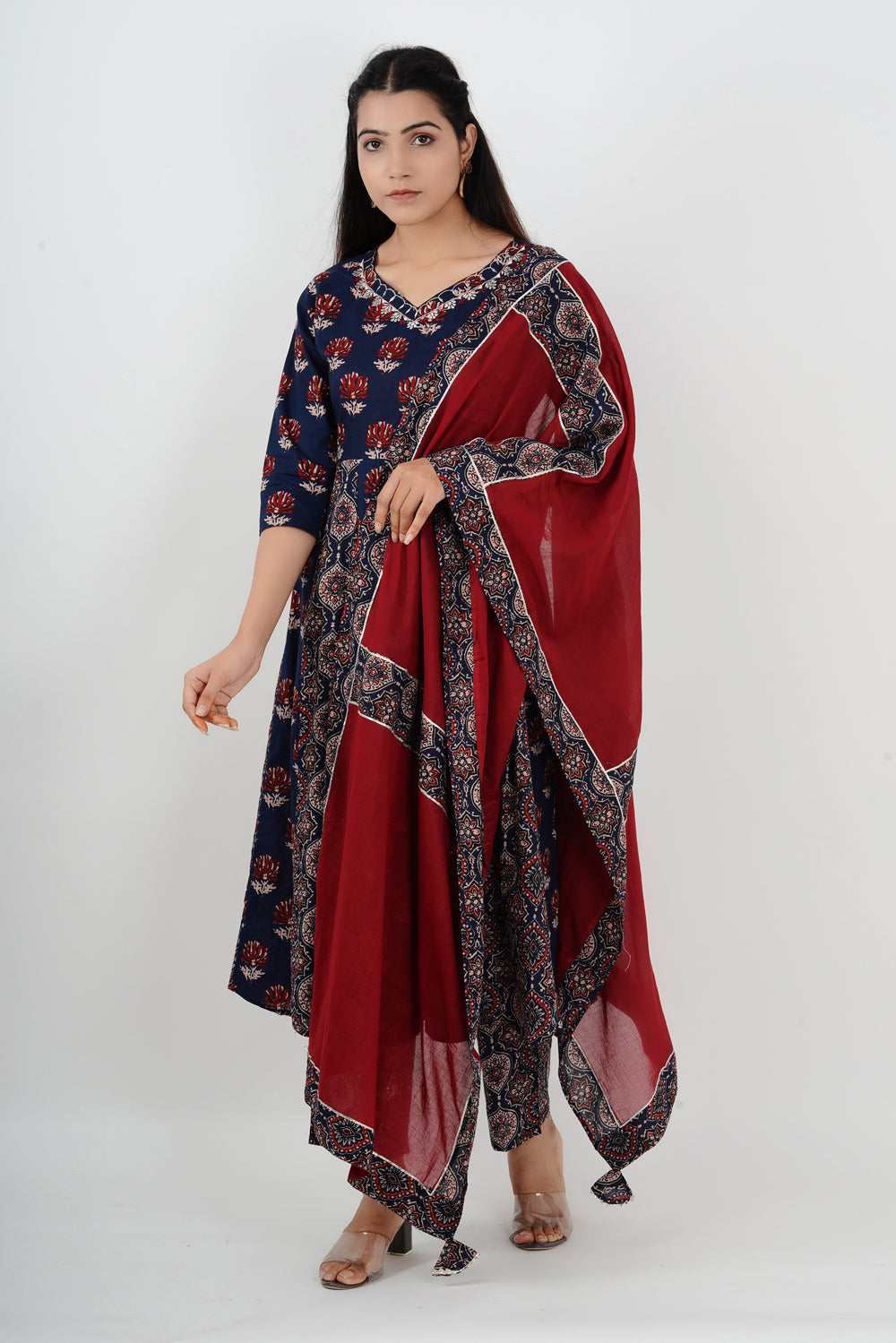 Maroon and Navy Blue Cotton Anarkali Suit set with Dupatta