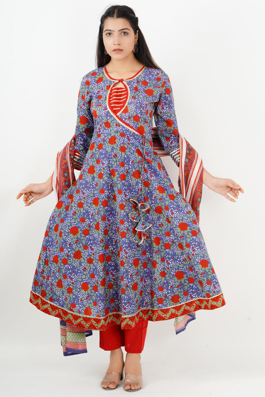 Blue and Red Anarkali Suit with Dupatta