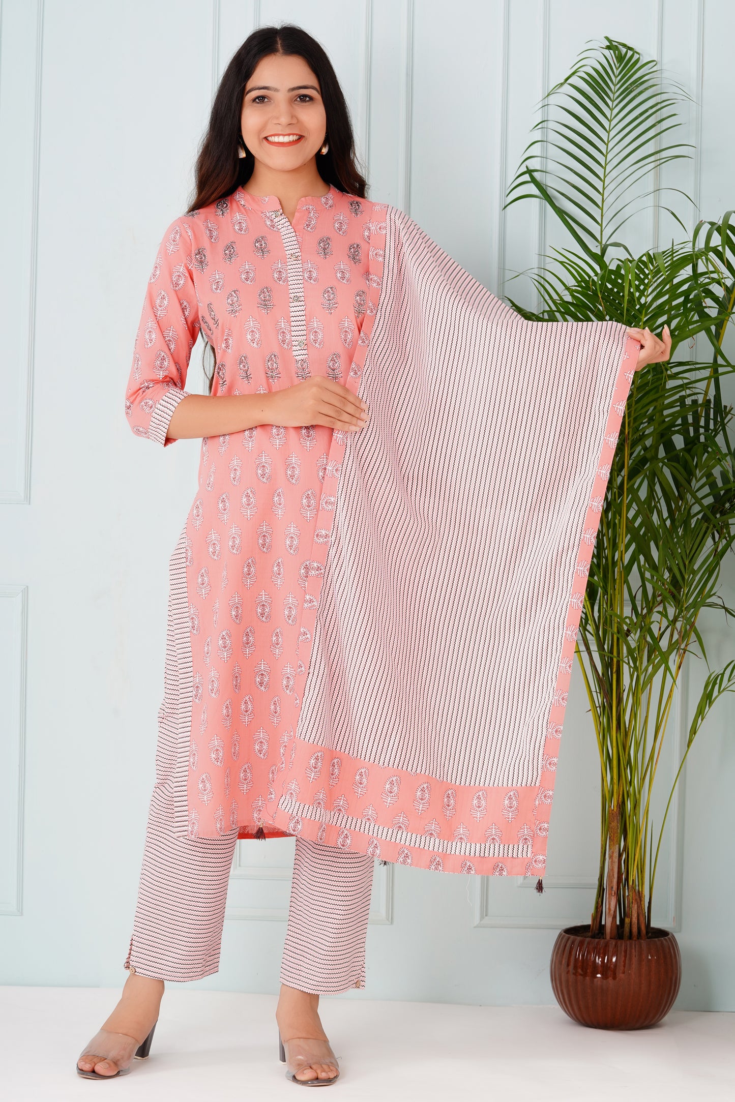 Pink Handblock Suit Set With Dupatta