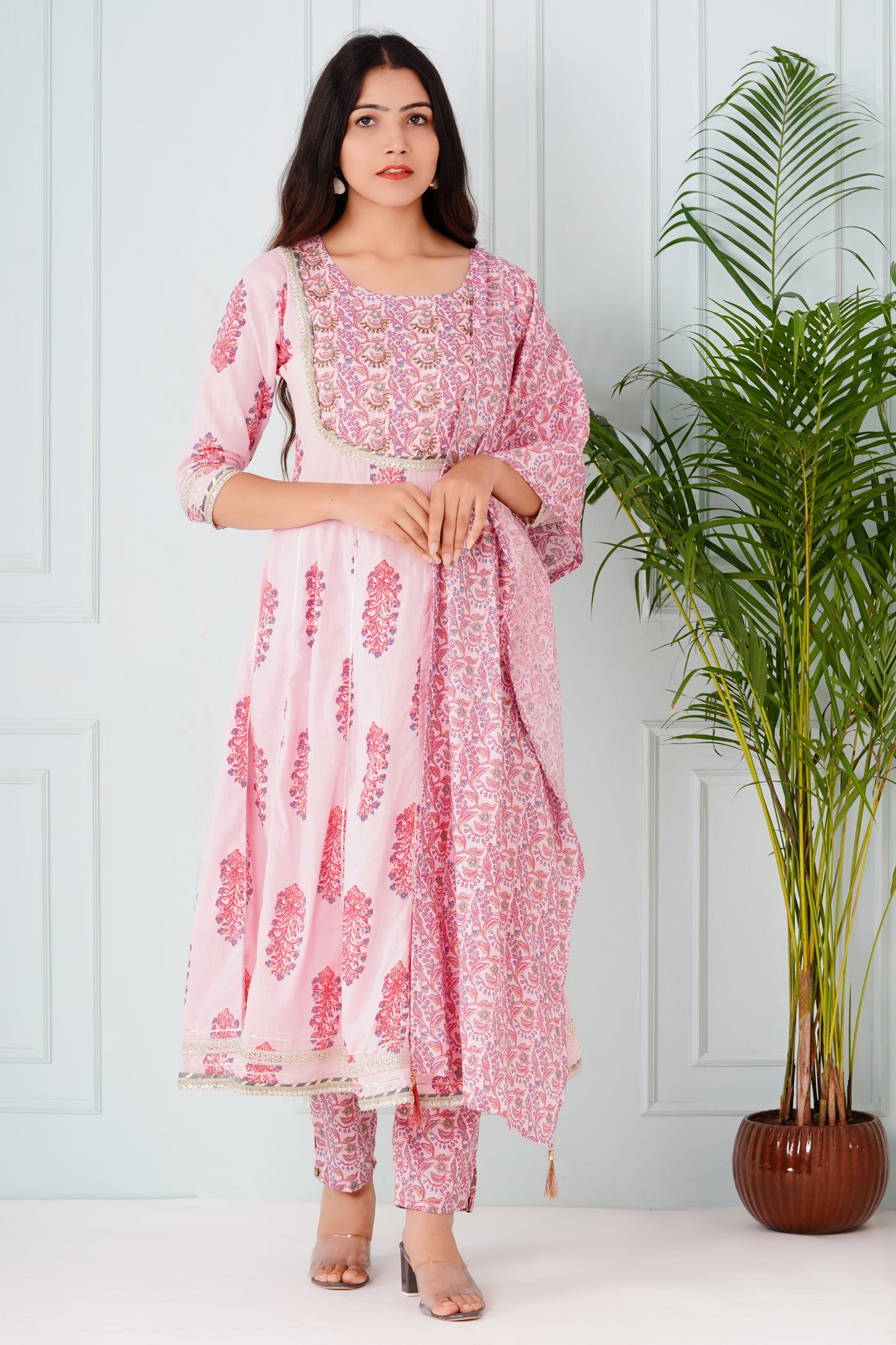 Light Pink Anarkali Handblock Suit set with Dupatta