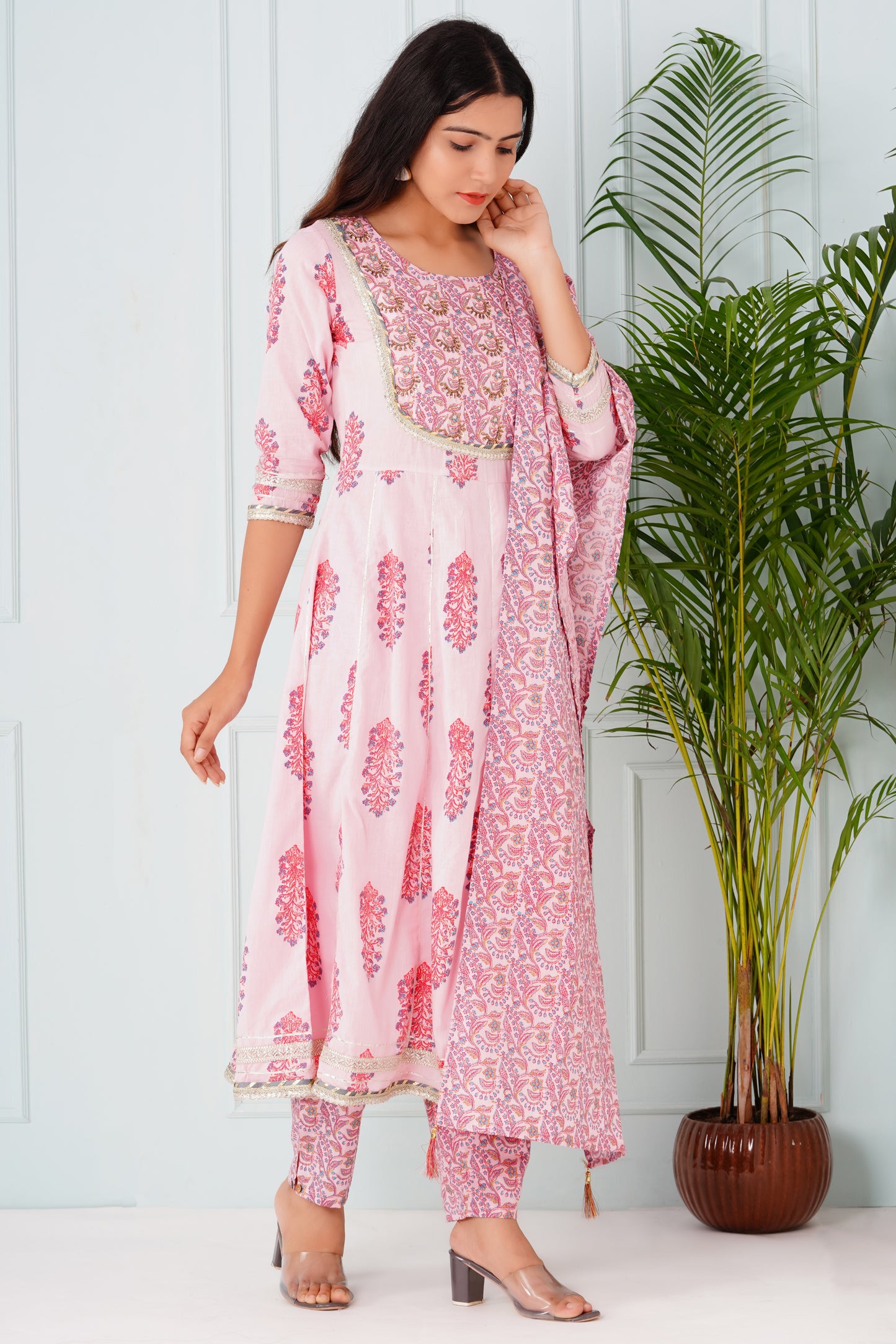 Light Pink Anarkali Handblock Suit set with Dupatta