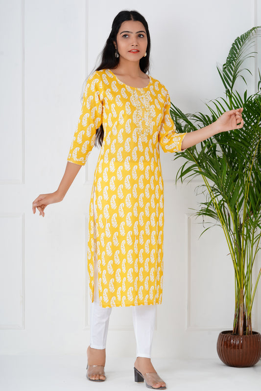 Yellow Floral Kurti With Neck Work