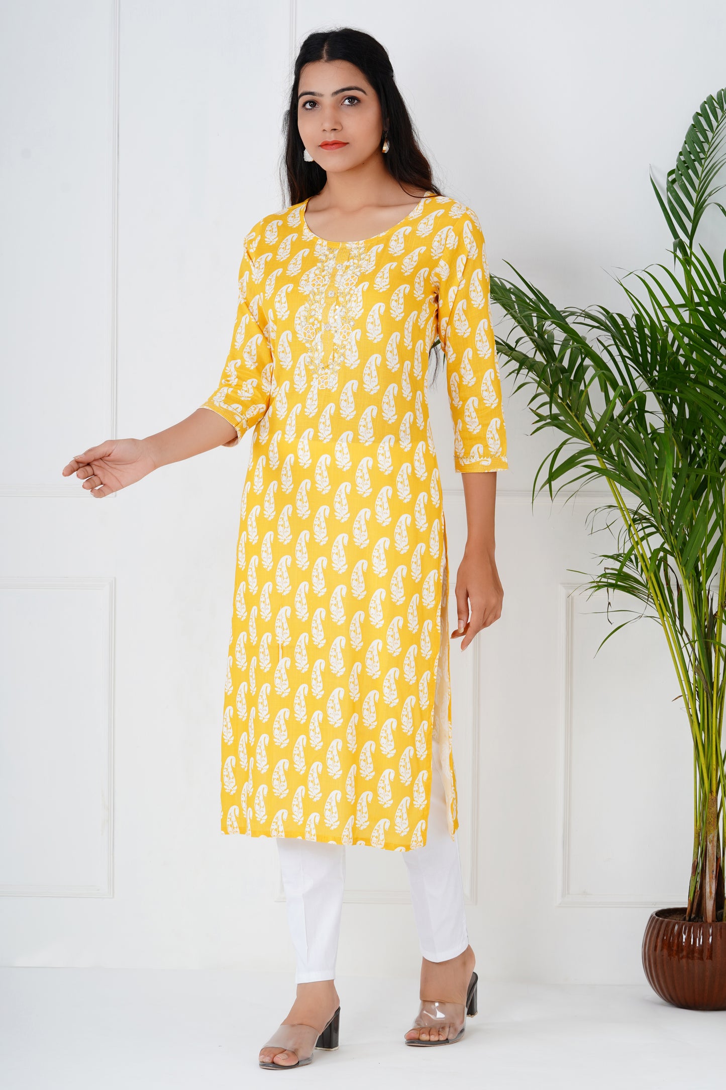 Yellow Floral Kurti With Neck Work