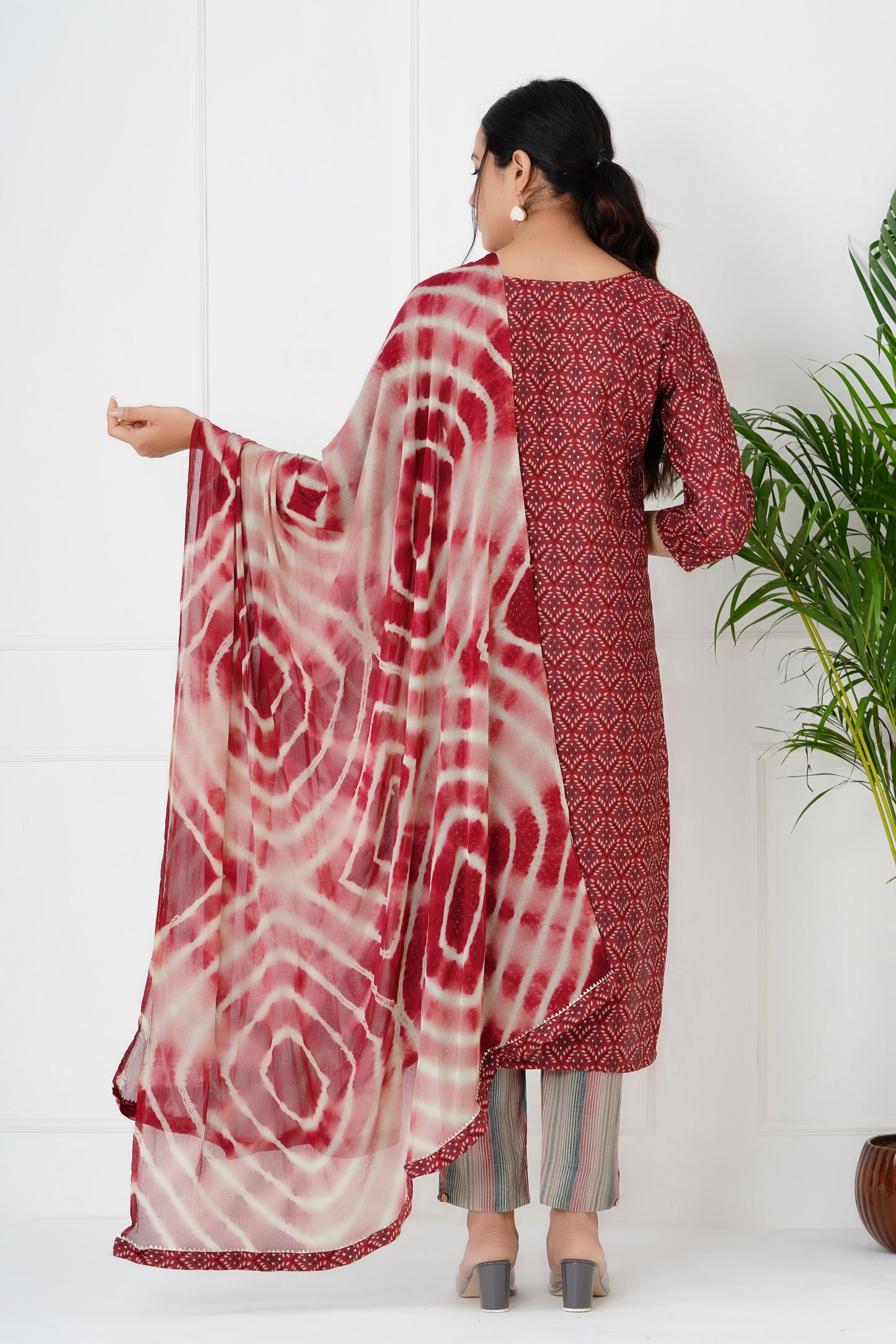 Maroon Suit Set with Neck Work and Dupatta