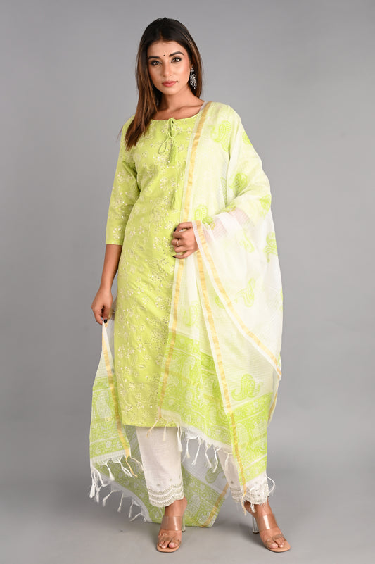 Light Green Straight Suit with Kota Doria Dupatta