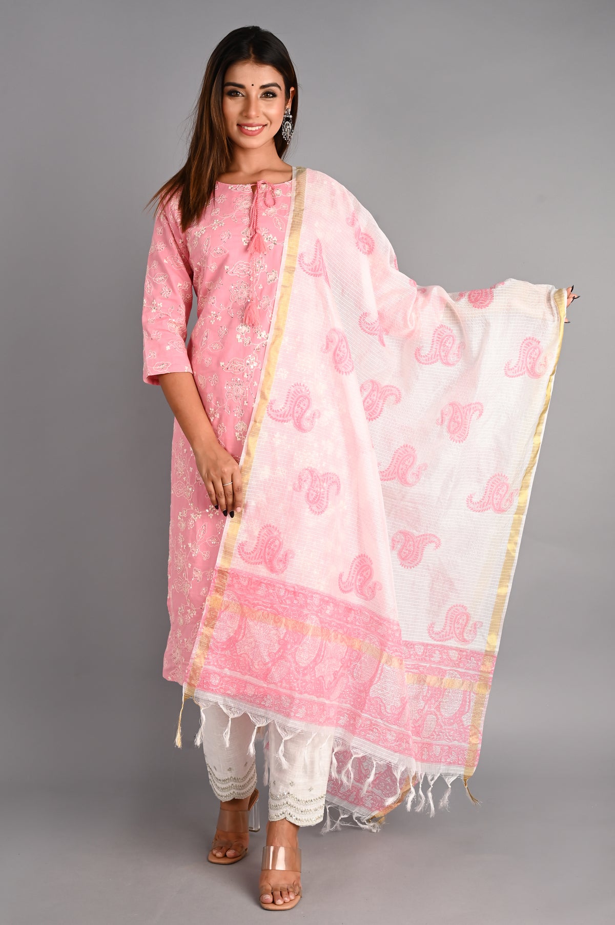 Flamingo Pink Straight Suit with Kota Doria Dupatta