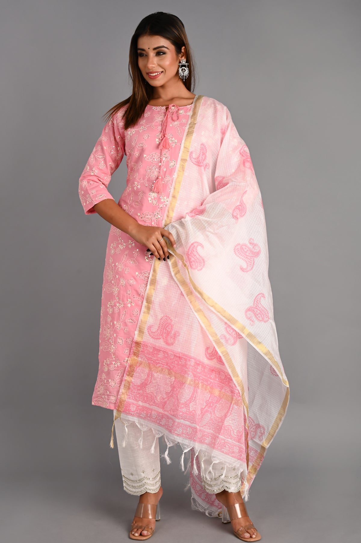 Flamingo Pink Straight Suit with Kota Doria Dupatta