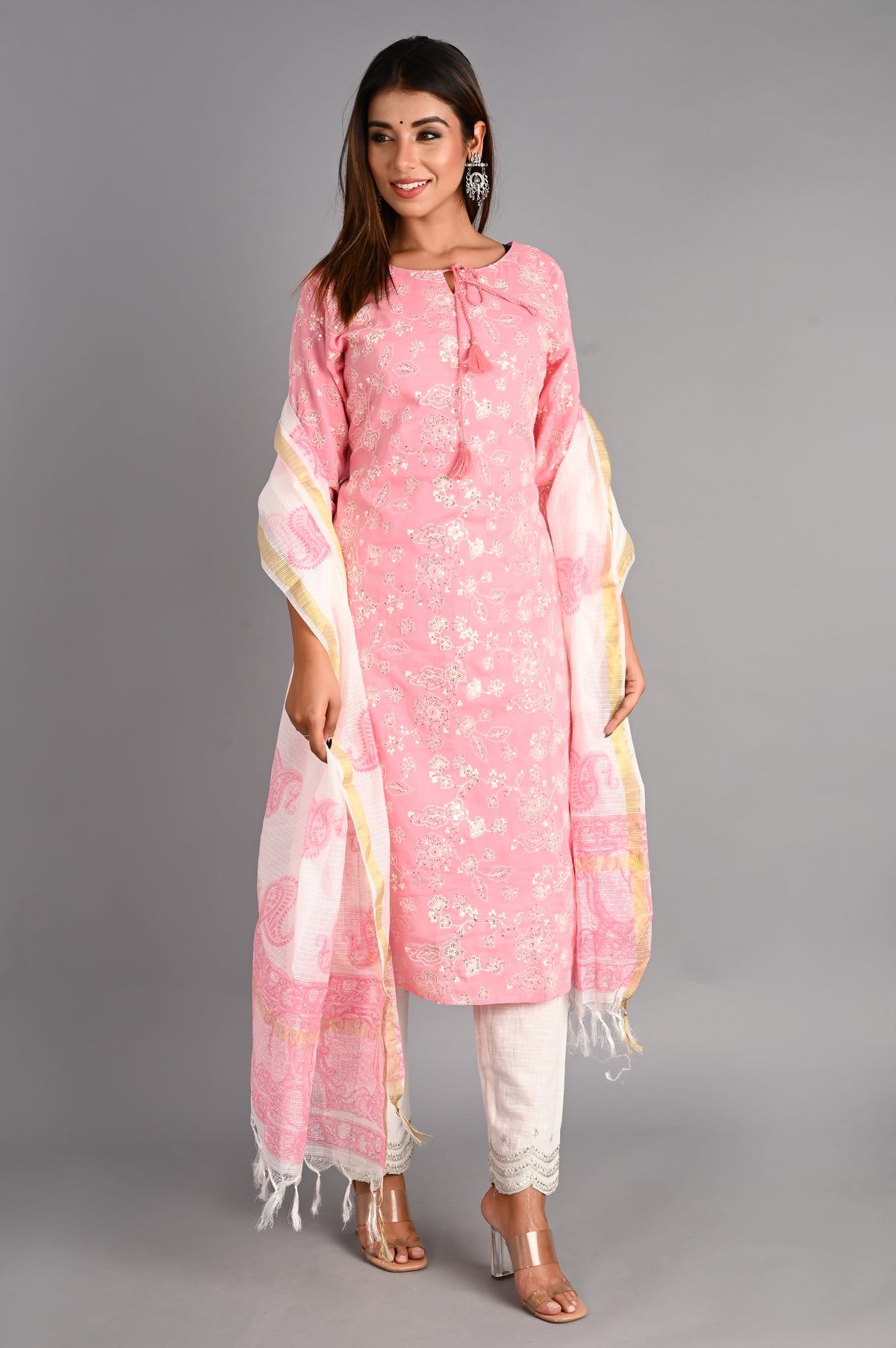 Flamingo Pink Straight Suit with Kota Doria Dupatta