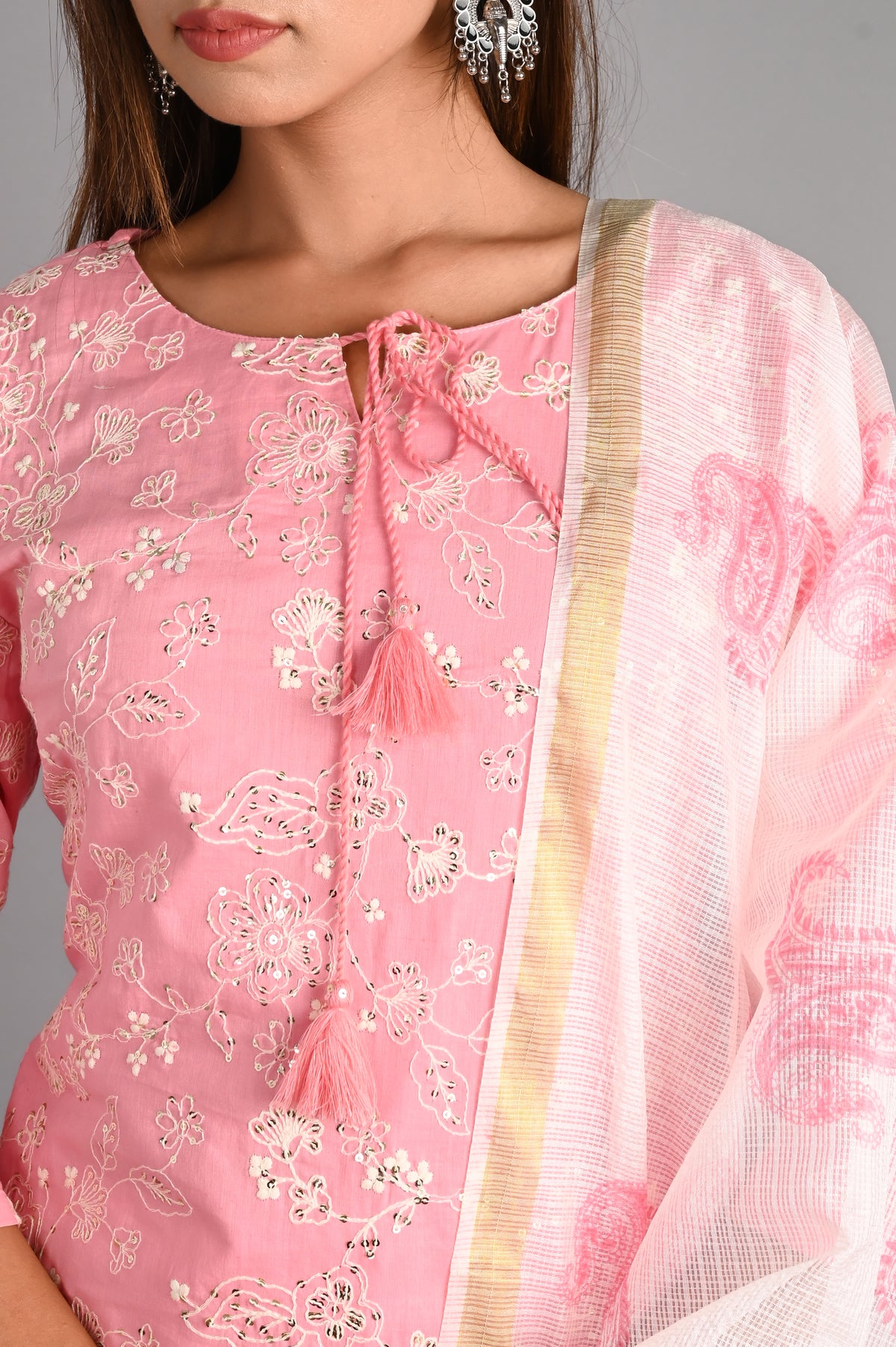 Flamingo Pink Straight Suit with Kota Doria Dupatta