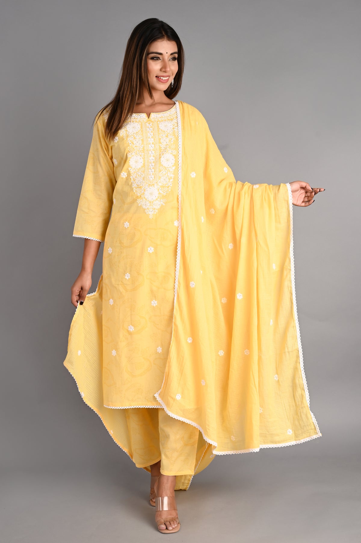 Light Yellow Cotton Handblock Abstract Suit with Dupatta