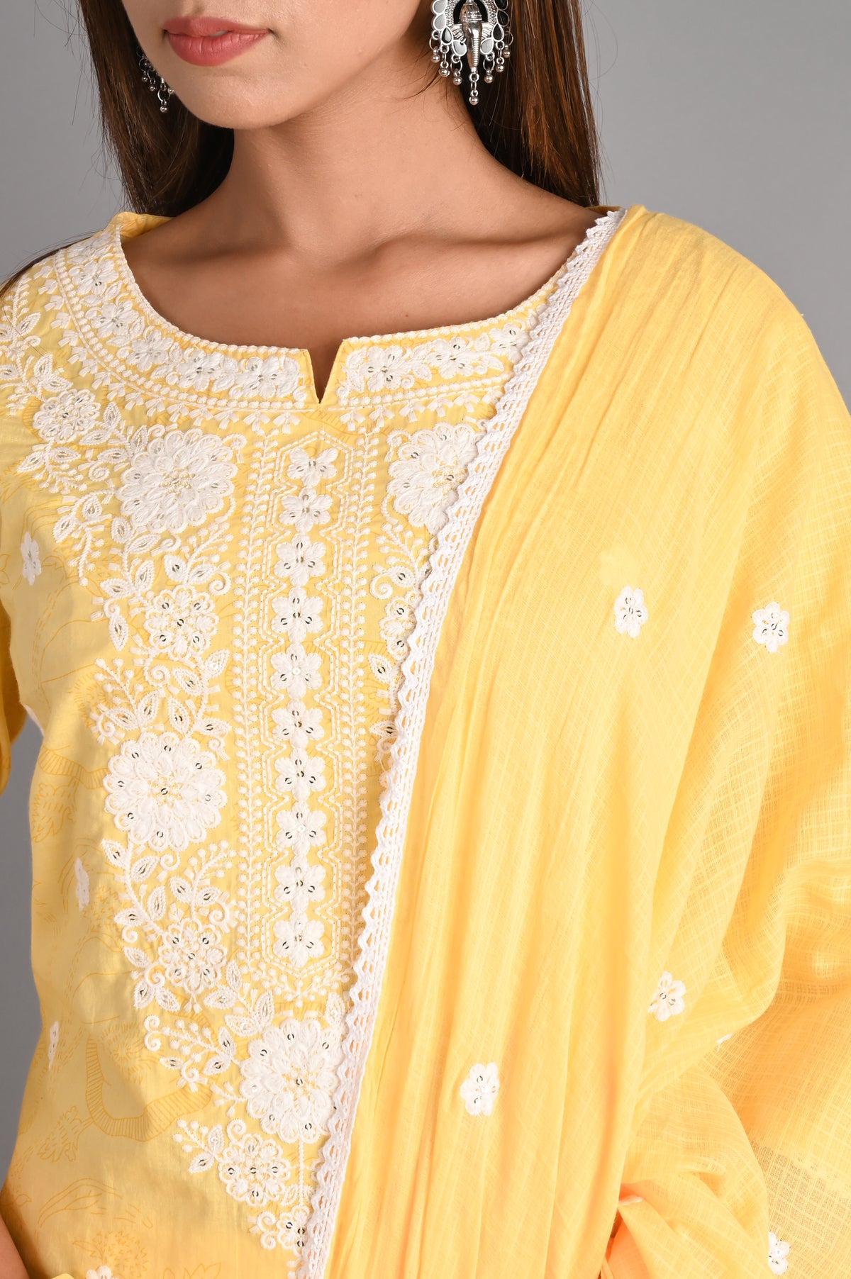 Light Yellow Cotton Handblock Abstract Suit with Dupatta