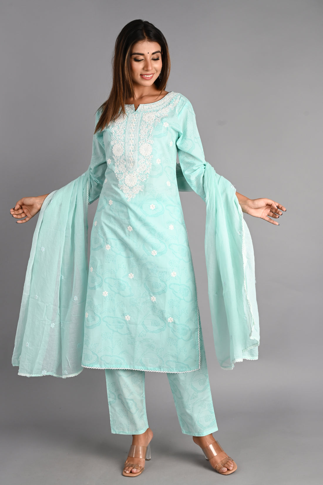 Sky Blue Cotton Handblock Abstract Suit with Dupatta