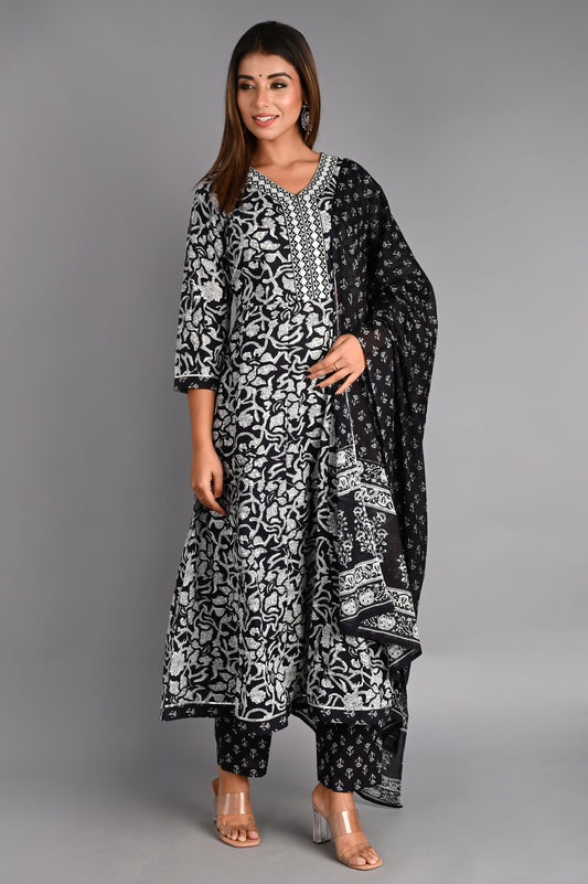 Black Cotton Anarkali Suit set with Dupatta